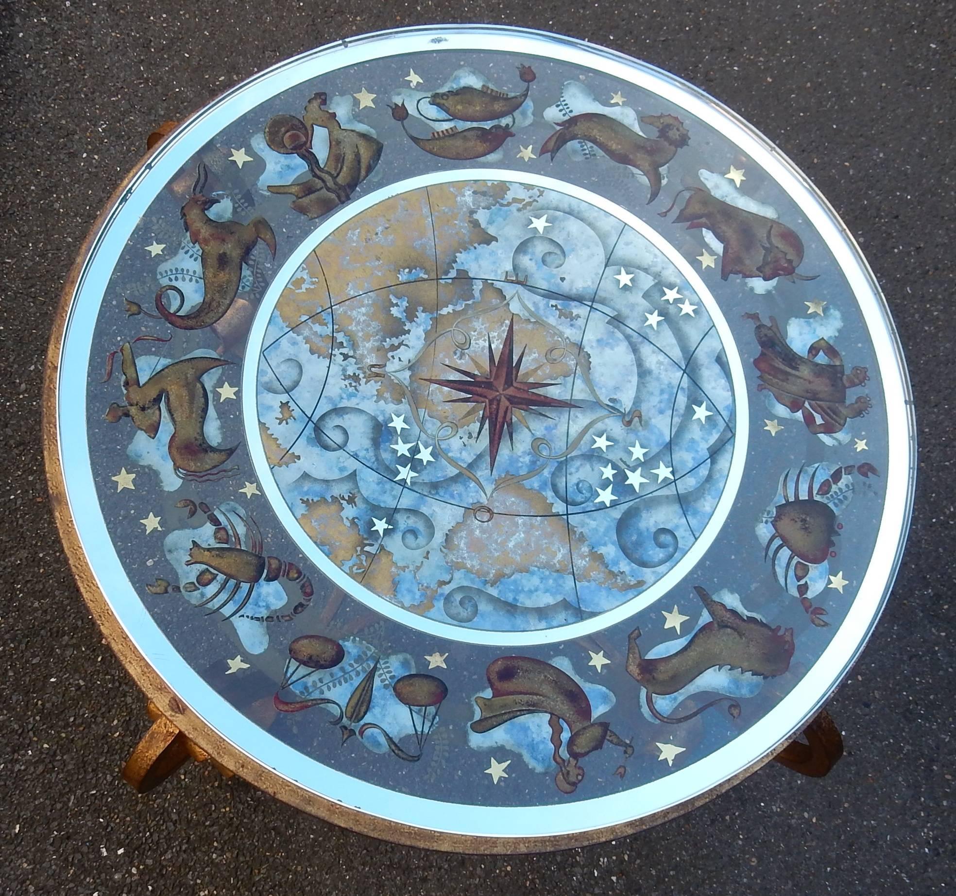 Art Deco 1940-1950 Coffee Table Has Decoration of Zodiac in the Style of Poillerat