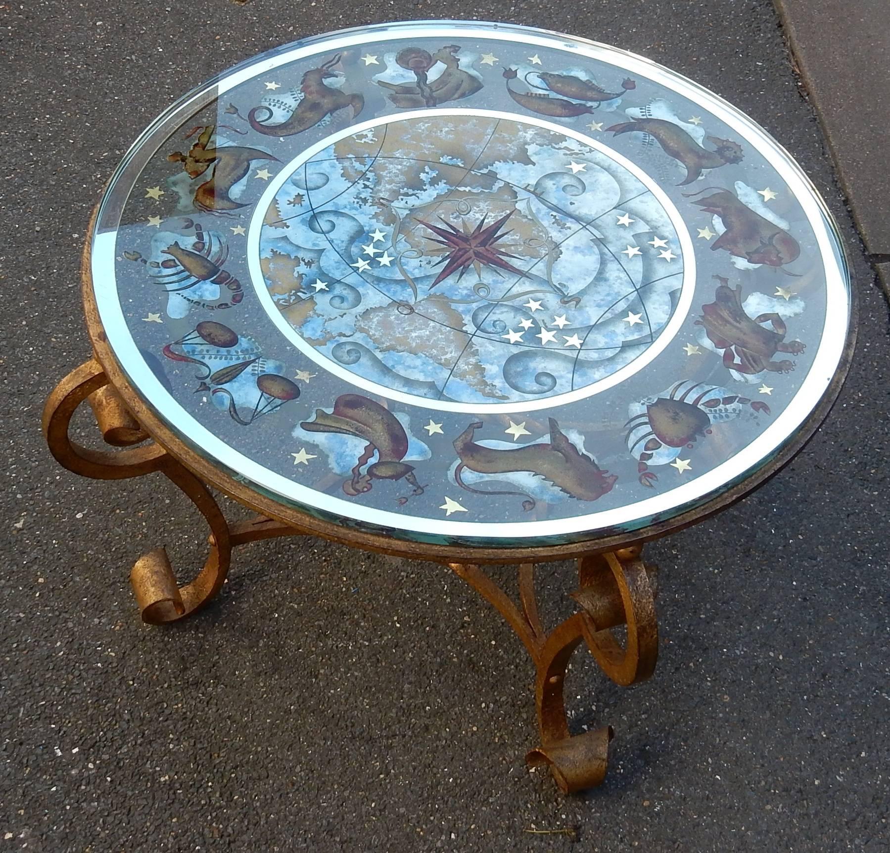 Forged 1940-1950 Coffee Table Has Decoration of Zodiac in the Style of Poillerat