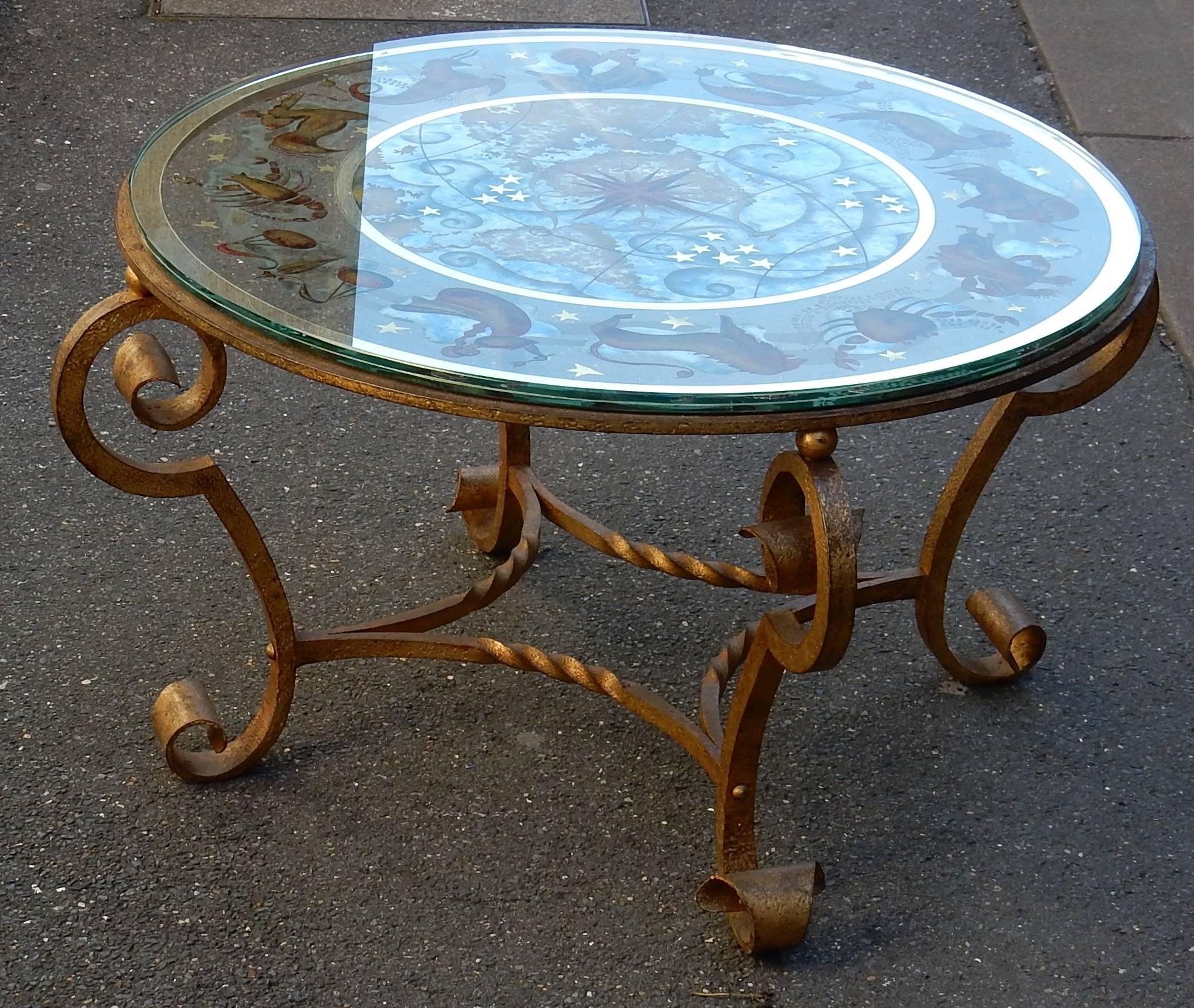 1940-1950 Coffee Table Has Decoration of Zodiac in the Style of Poillerat In Good Condition In Paris, FR