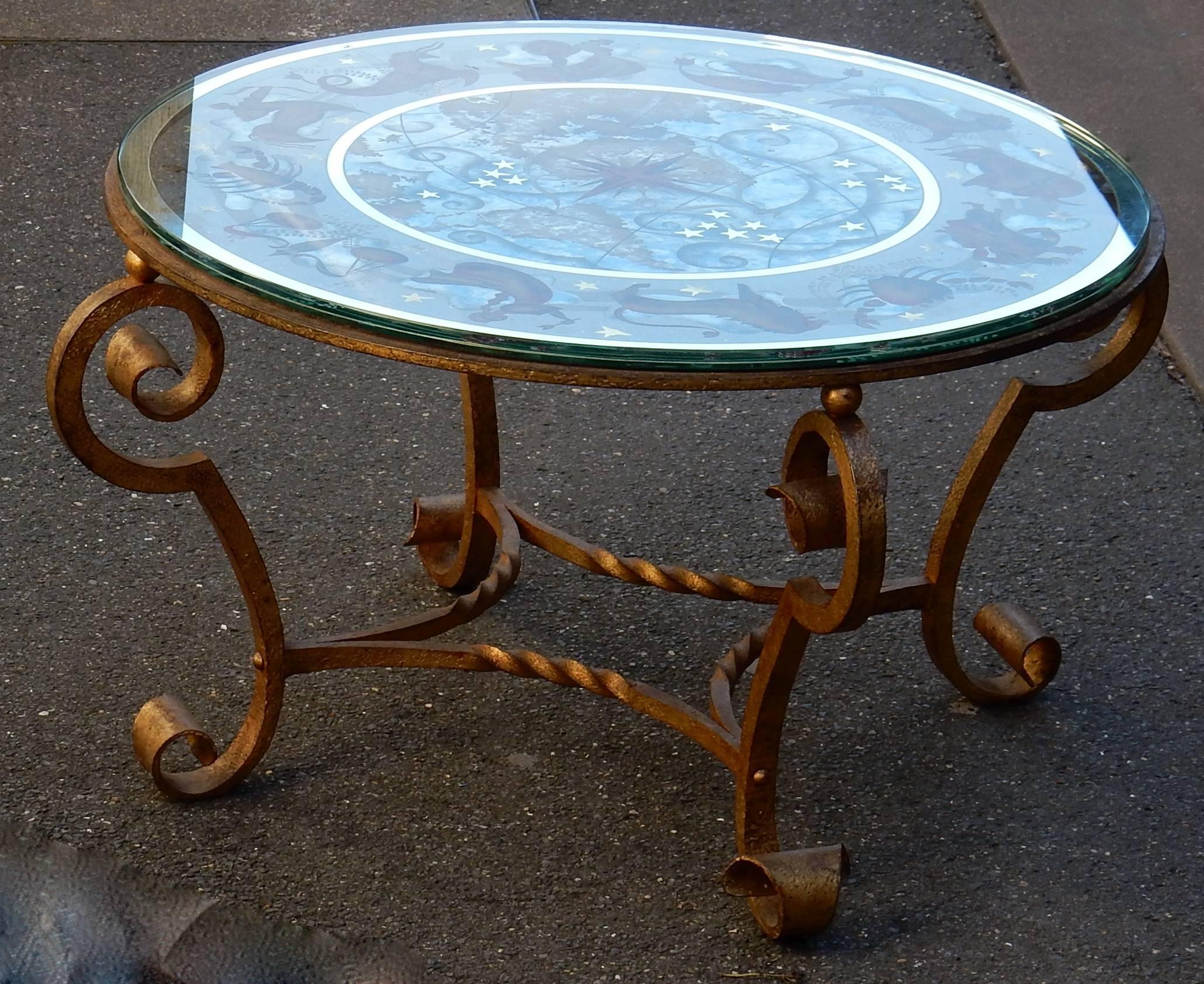 Mid-20th Century 1940-1950 Coffee Table Has Decoration of Zodiac in the Style of Poillerat