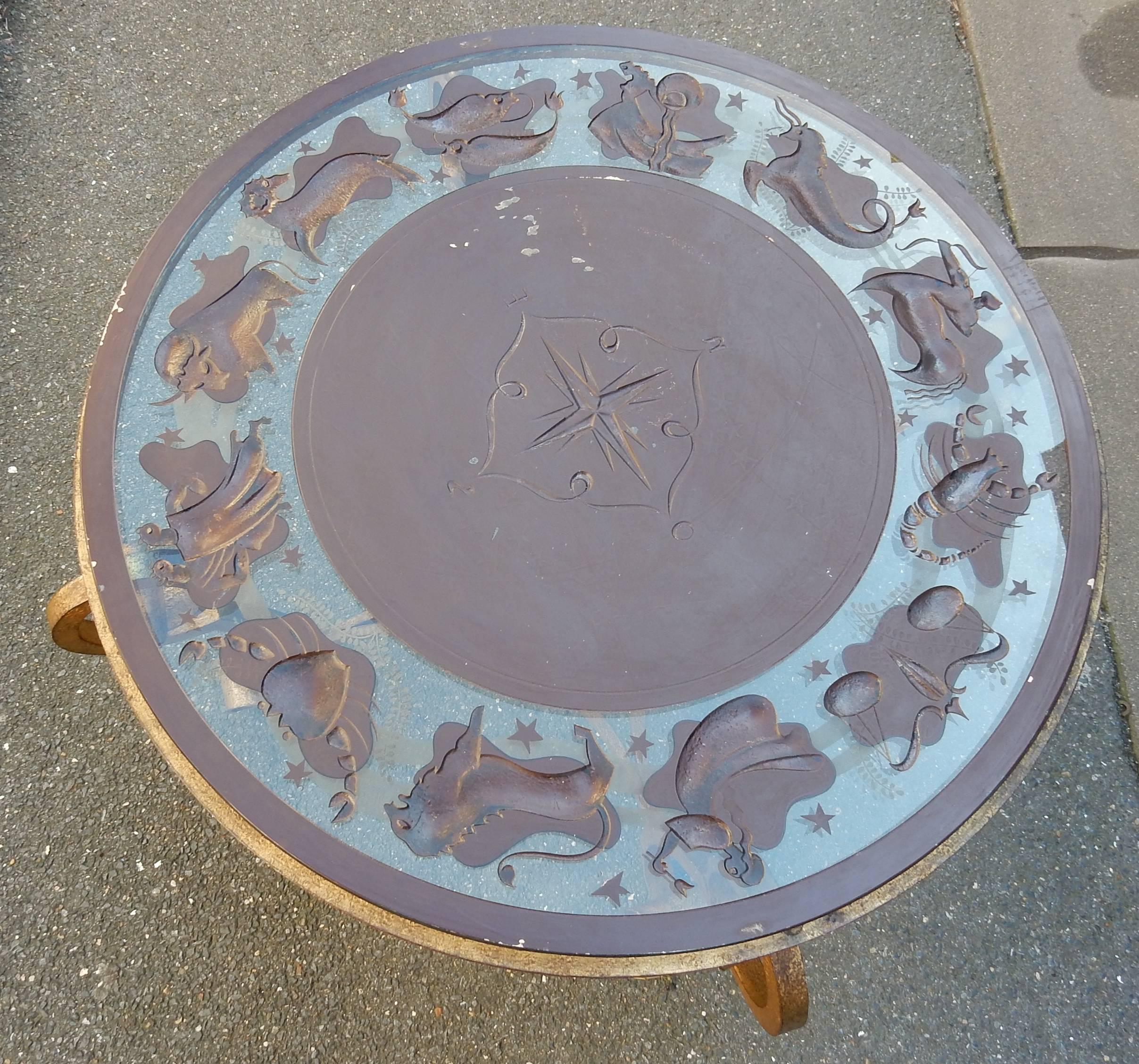 1940-1950 Coffee Table Has Decoration of Zodiac in the Style of Poillerat 1