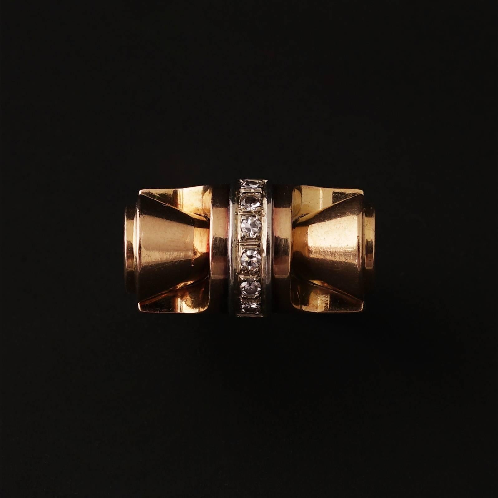 1940, Retro Gold Platinum and Round-Cut Diamonds Tank Ring 2