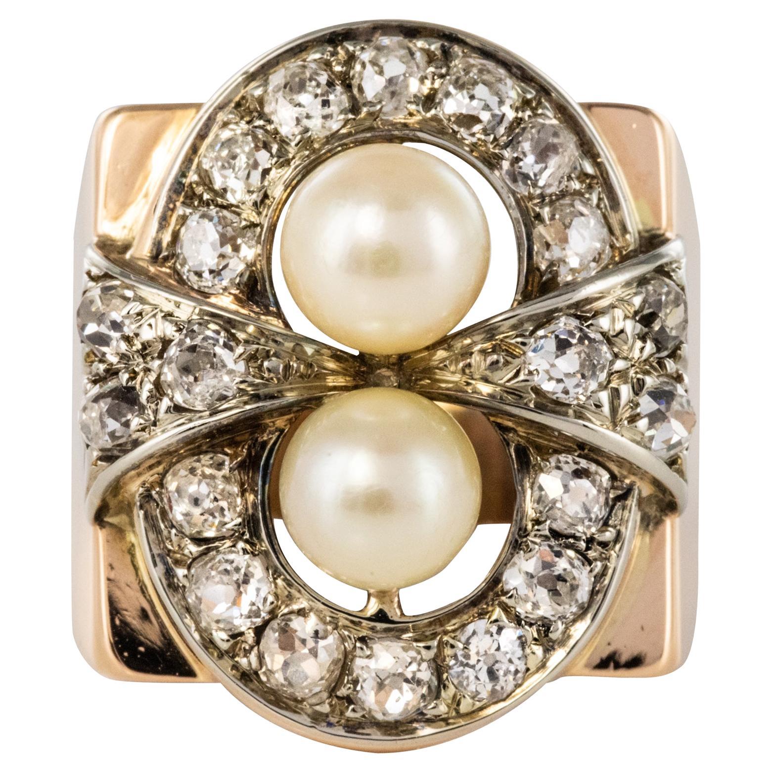 1940er Jahre Ring aus 18 Karat Rosgold mit 1,40 Karat Diamanten und Zuchtperlen im Angebot