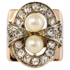 1940s 1, 40 Carat Diamonds Cultured Pearls 18 Karat Rose Gold Ring