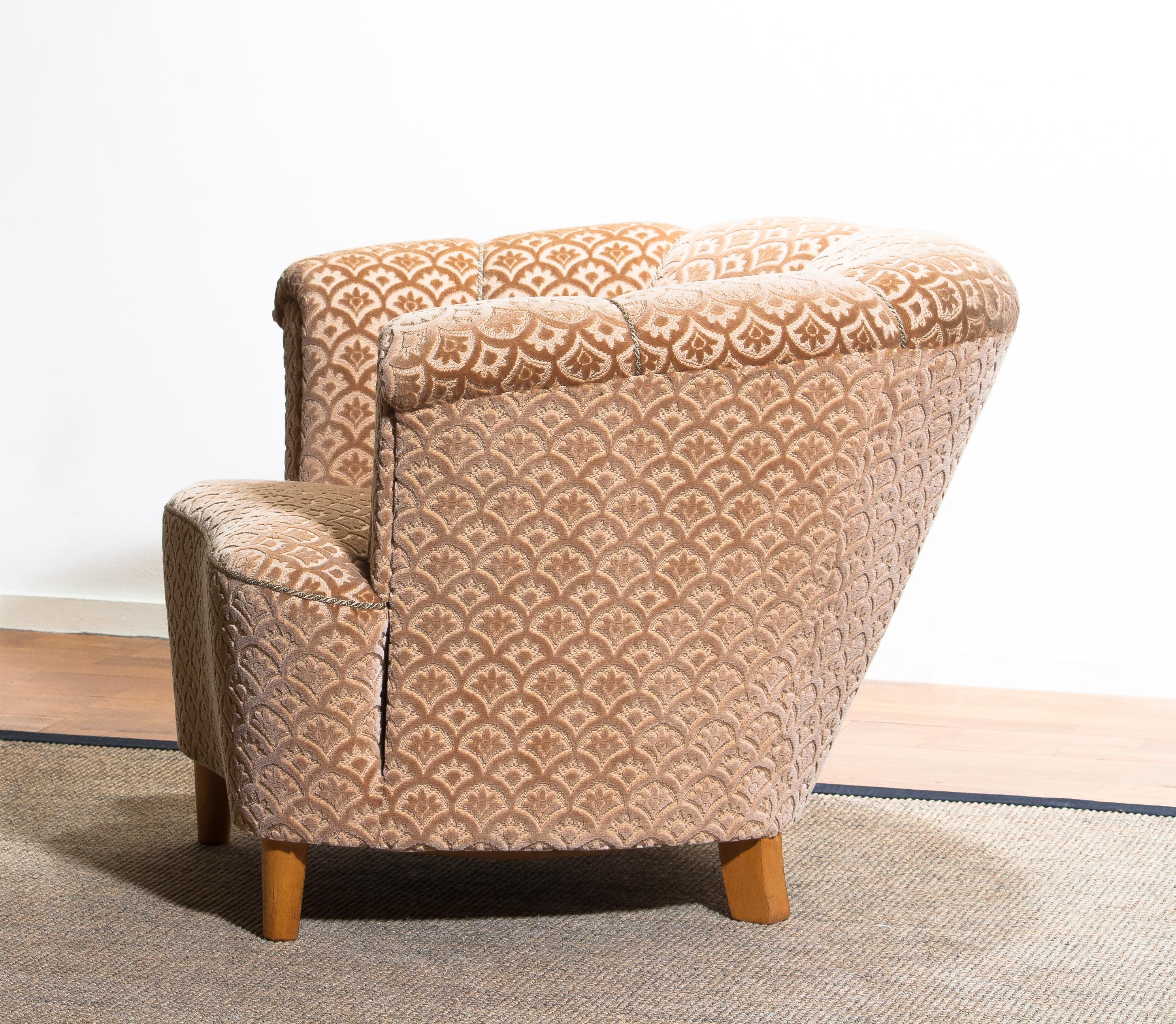Mid-20th Century 1940s, 1 Velvet Jacquard Shell Back Club Lounge Cocktail Chair from Sweden