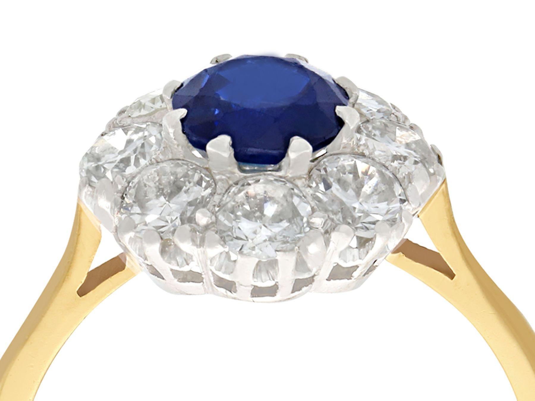 A fine and impressive 1.05 carat blue sapphire and 1.45 carat diamond, 18 karat yellow gold and platinum set dress ring; part of our diverse vintage jewelry collections

This fine and impressive vintage sapphire and diamond ring has been crafted in