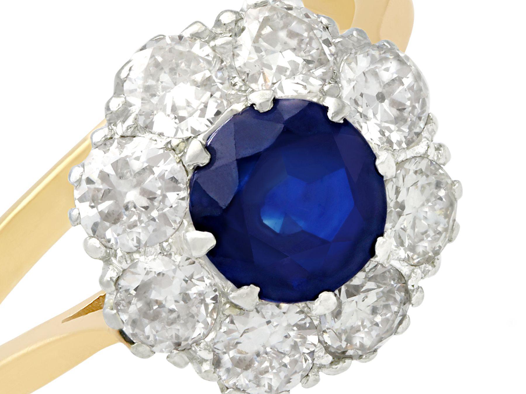 Round Cut 1940s, 1.05 Carat Sapphire and 1.45 Carat Diamond Yellow Gold Cocktail Ring