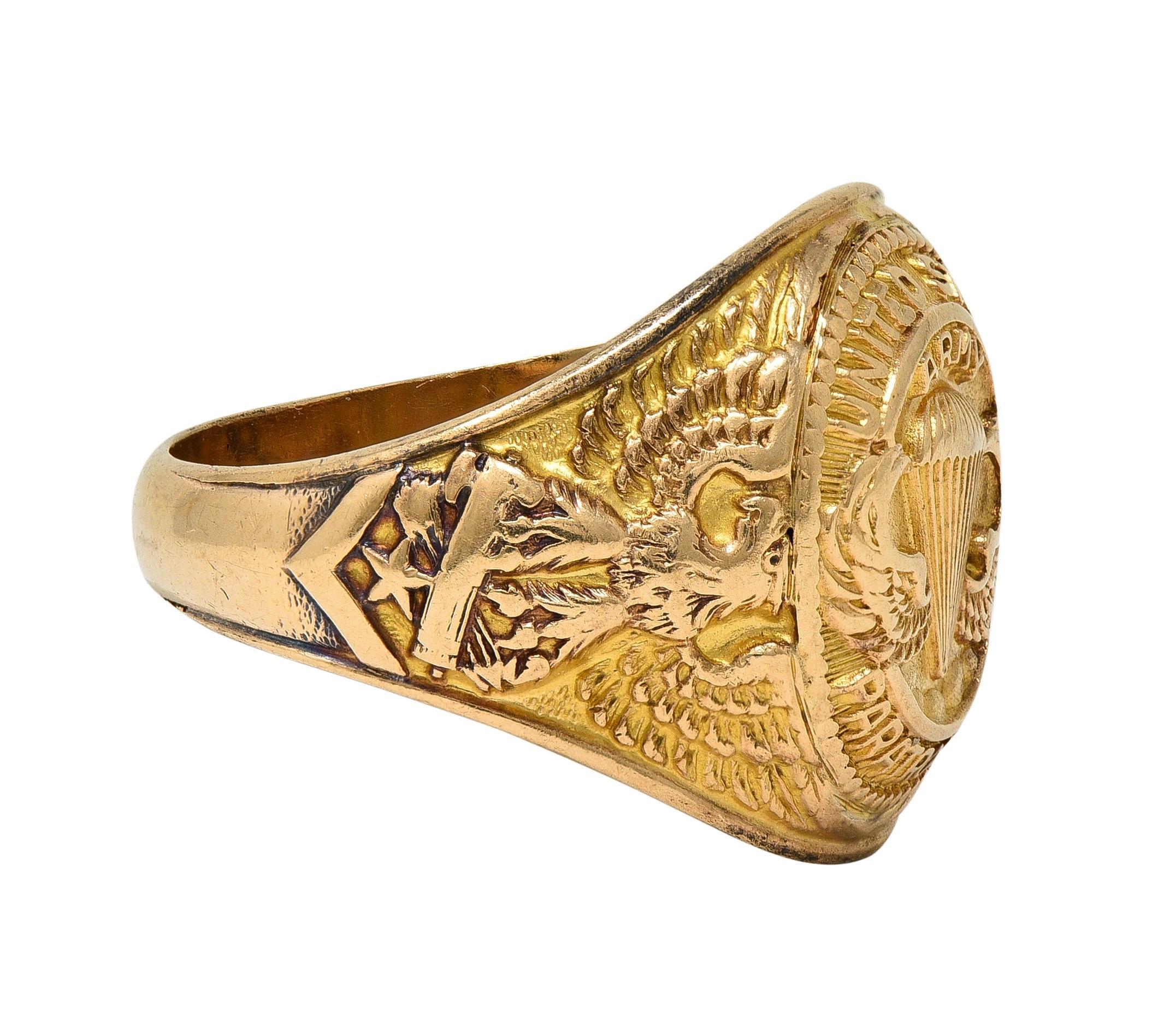 Rétro Anello con sigillo da uomo in oro 10 carati del 1940, risalente alla seconda guerra mondiale, per paracadutisti dell'U.S. Army in vendita