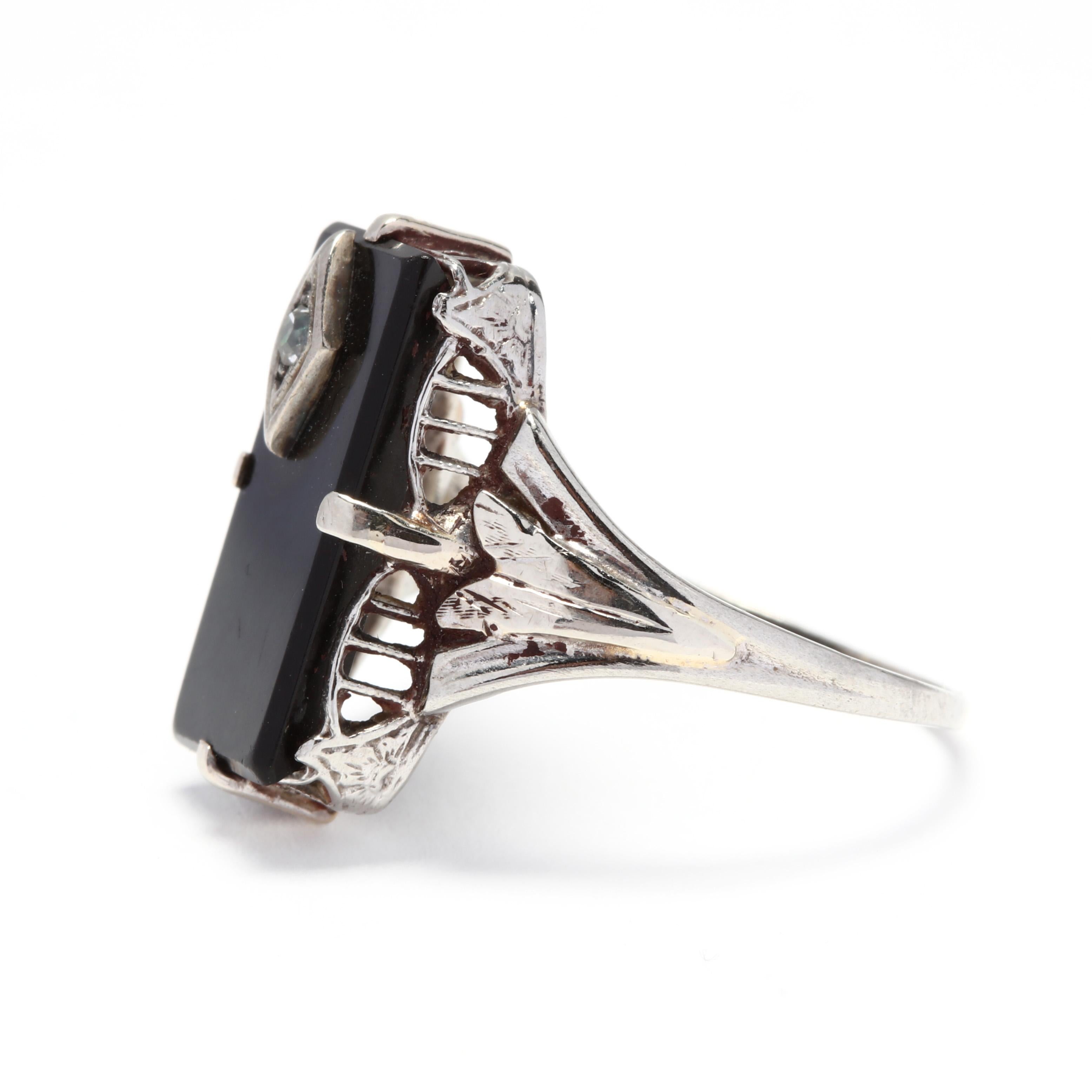 Art Deco 1940s 10 Karat White Gold Diamond and Black Onyx Rectangle Ring