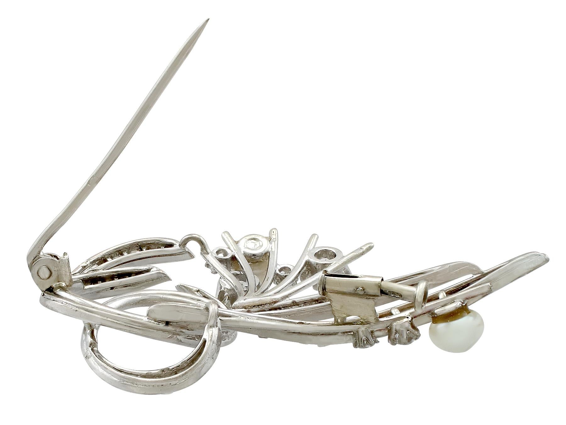 Women's 1940s 1.10 Carat Diamond and Pearl White Gold Brooch