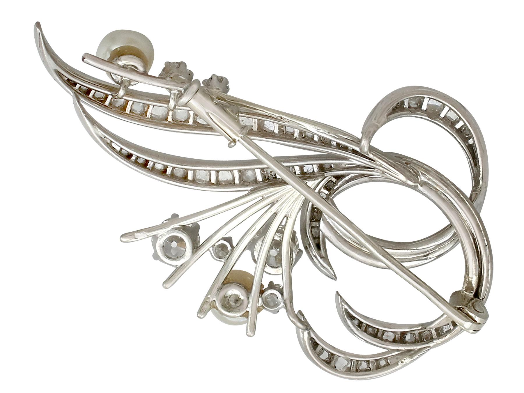 1940s 1.10 Carat Diamond and Pearl White Gold Brooch 1