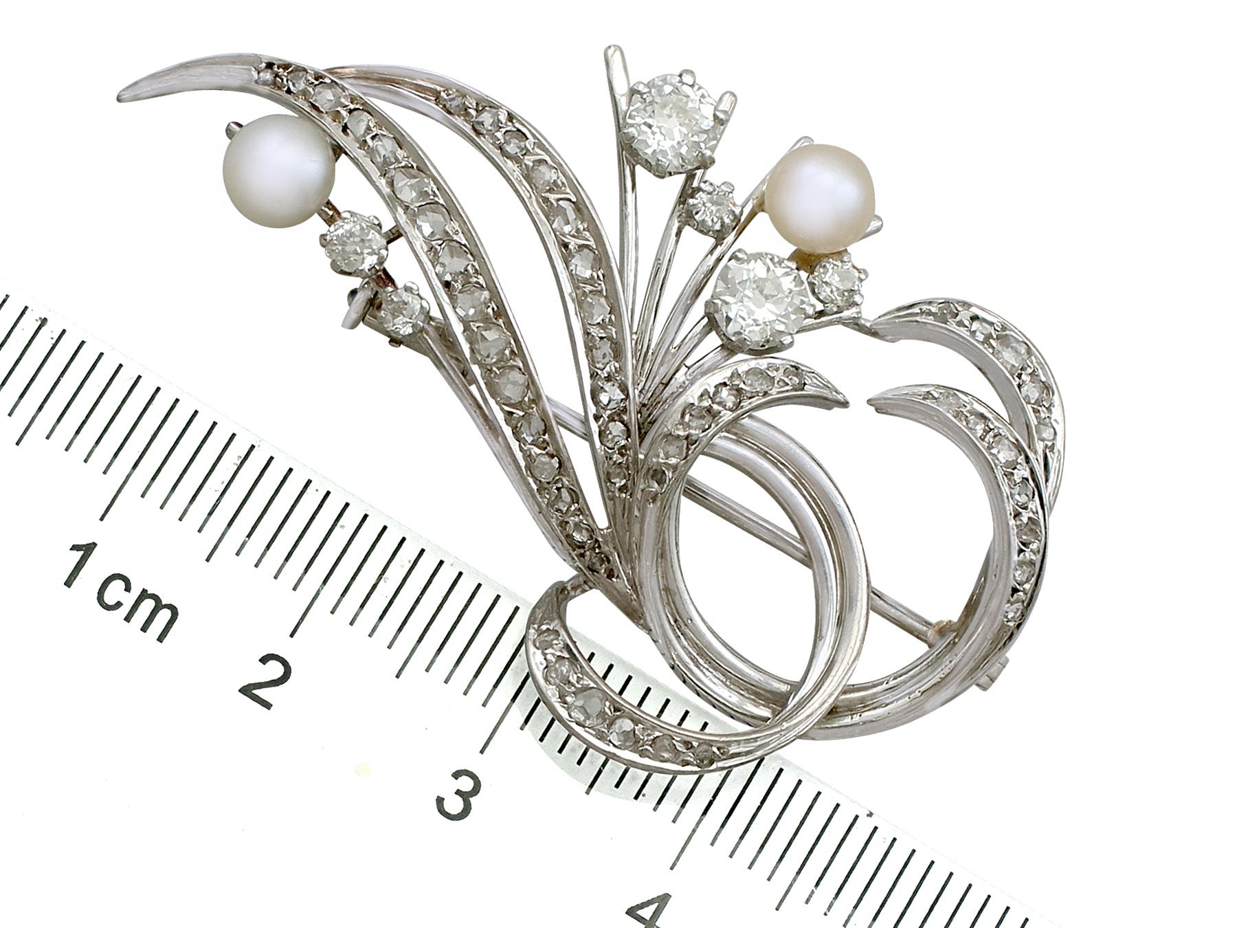 1940s 1.10 Carat Diamond and Pearl White Gold Brooch 2
