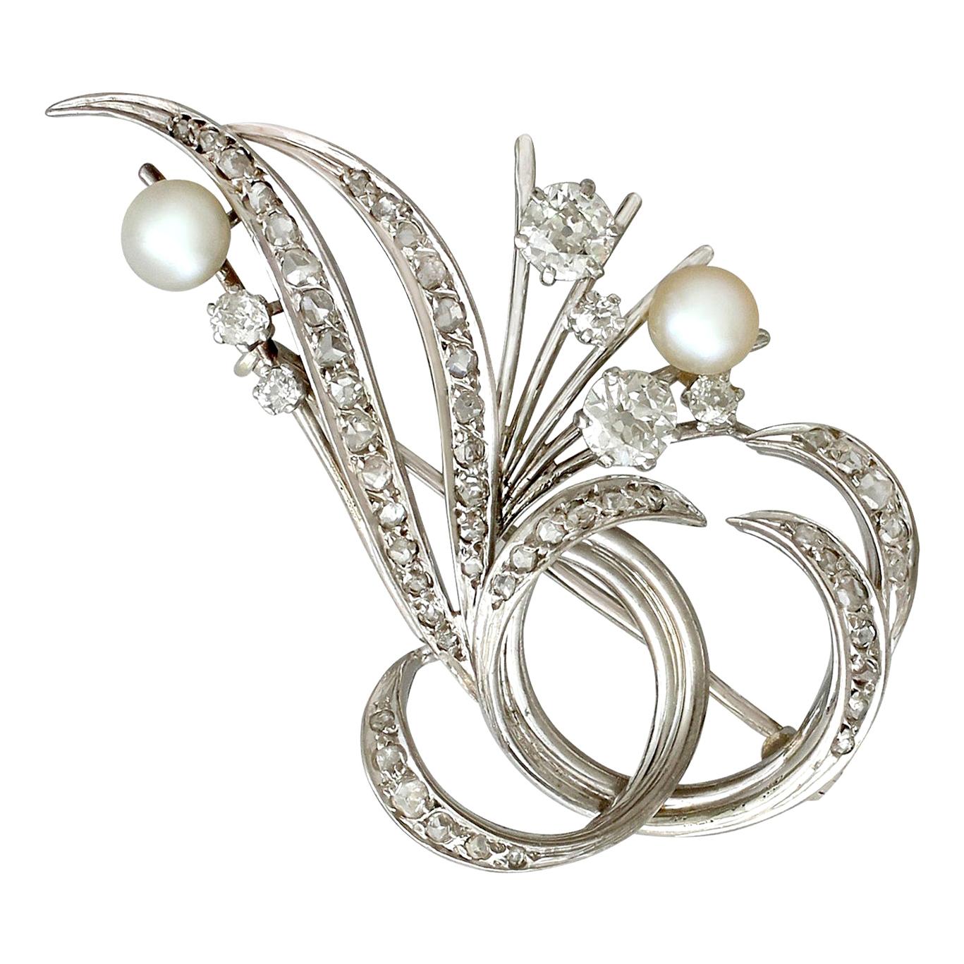 1940s 1.10 Carat Diamond and Pearl White Gold Brooch