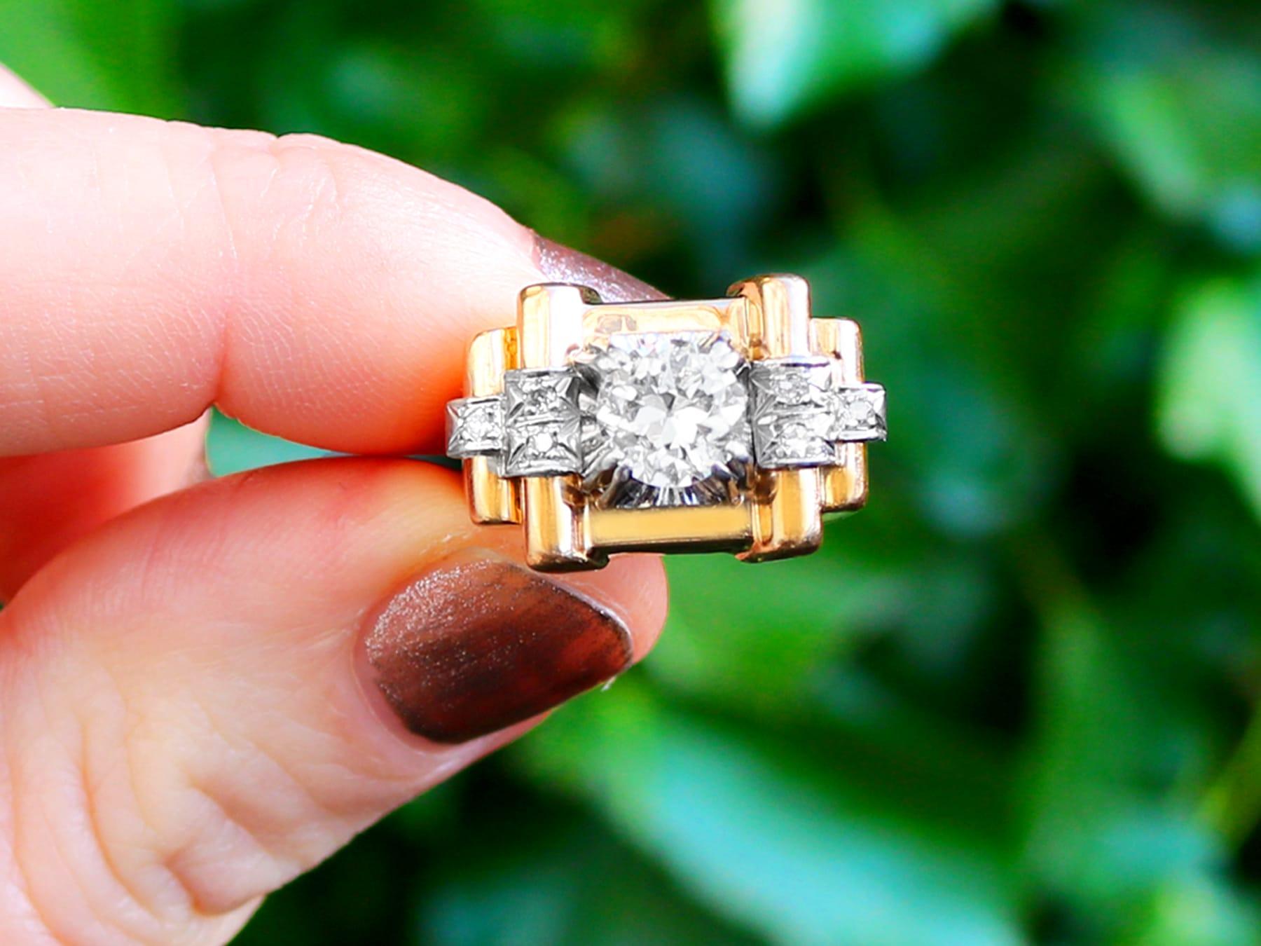 A stunning, fine and impressive vintage French 1.18 carat diamond (total) and 18 karat yellow gold, platinum set cocktail ring; part of our diverse vintage jewelry and estate jewelry collections

This stunning, fine and impressive vintage French