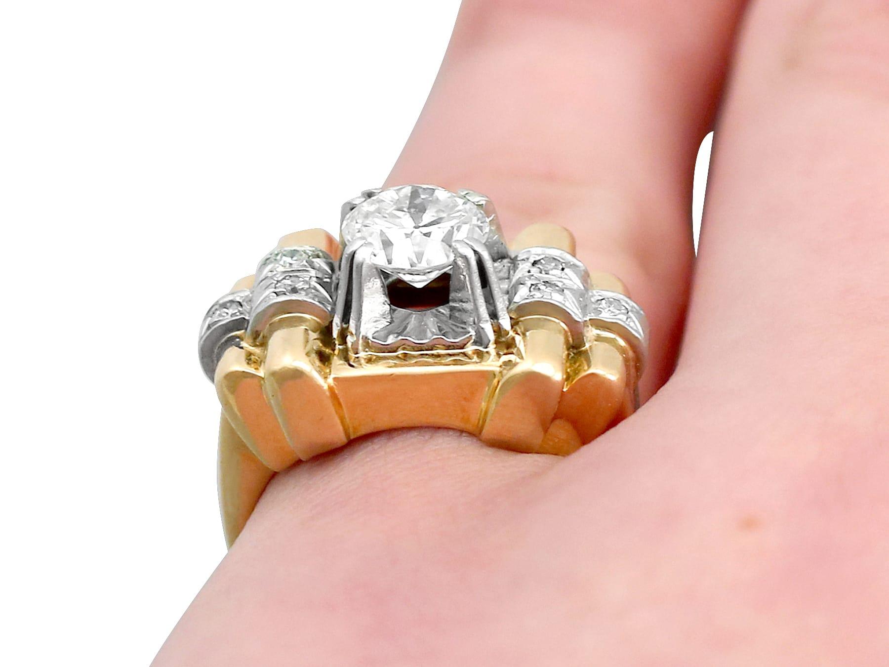 Women's 1940s 1.18 Carat Diamond and Yellow Gold Platinum Set Cocktail Ring For Sale