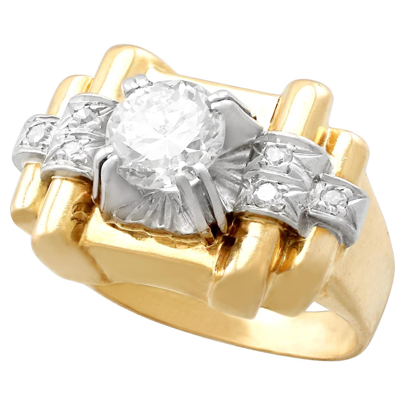 1940s 1.18 Carat Diamond and Yellow Gold Platinum Set Cocktail Ring For Sale