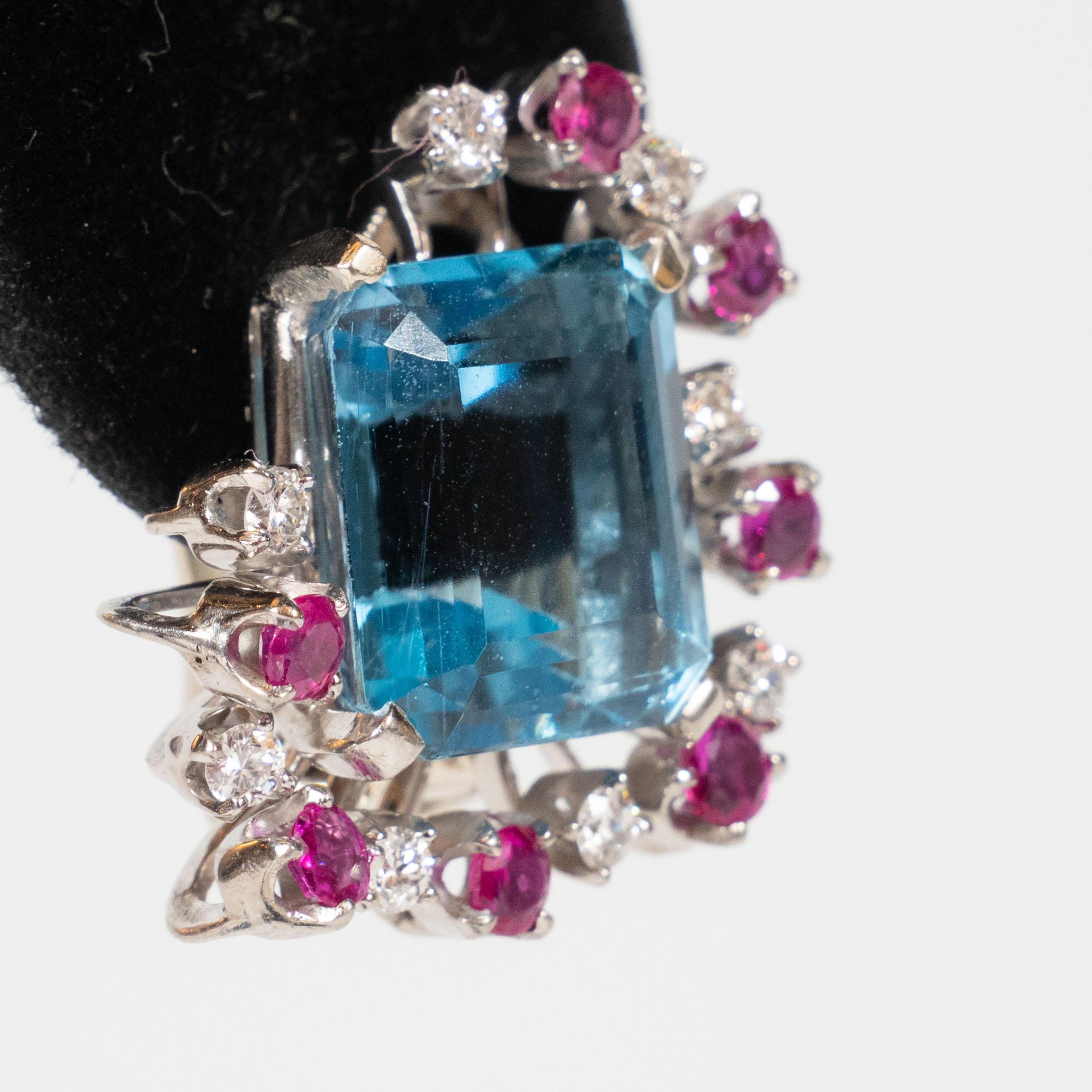 1940s 12 Carat Aquamarine and 14K White Gold Earrings with Diamonds &and Rubies 3
