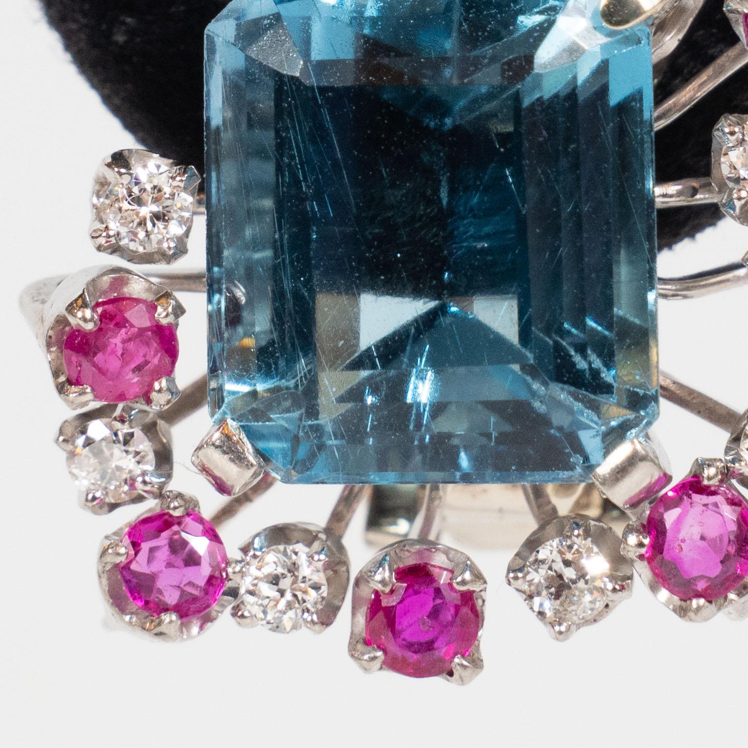 1940s 12 Carat Aquamarine and 14K White Gold Earrings with Diamonds &and Rubies 5