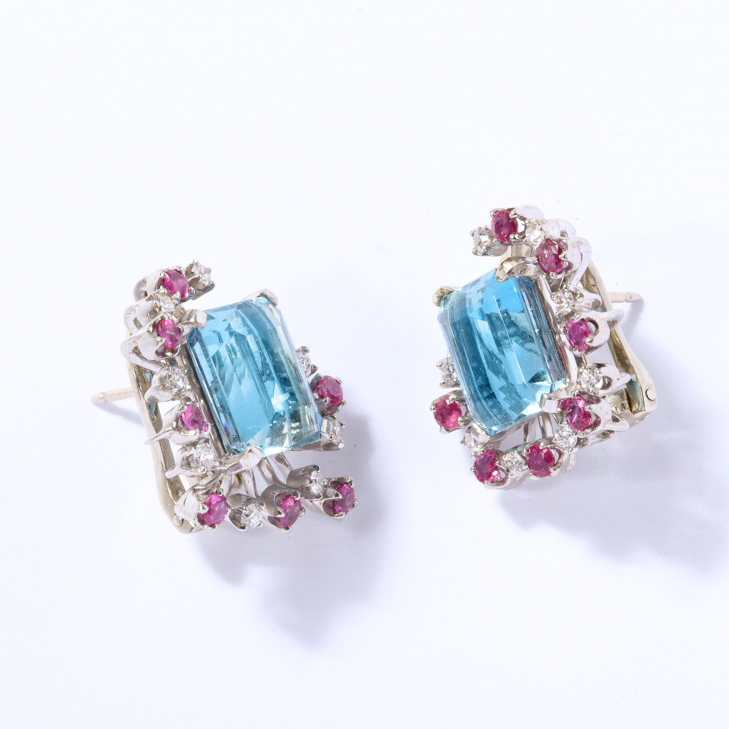 1940s 12 Carat Aquamarine and 14K White Gold Earrings with Diamonds and Rubies For Sale 6