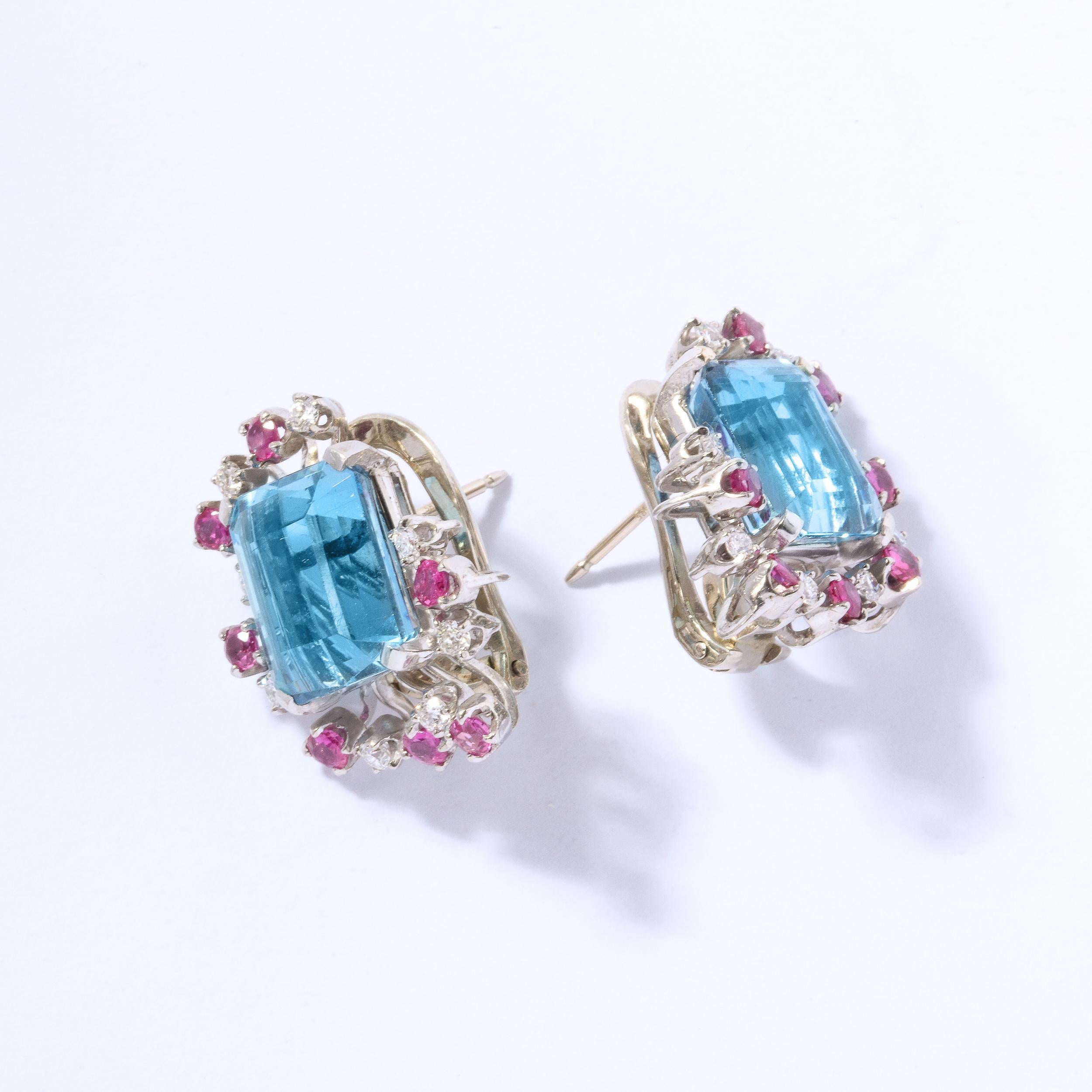 1940s 12 Carat Aquamarine and 14K White Gold Earrings with Diamonds and Rubies For Sale 7