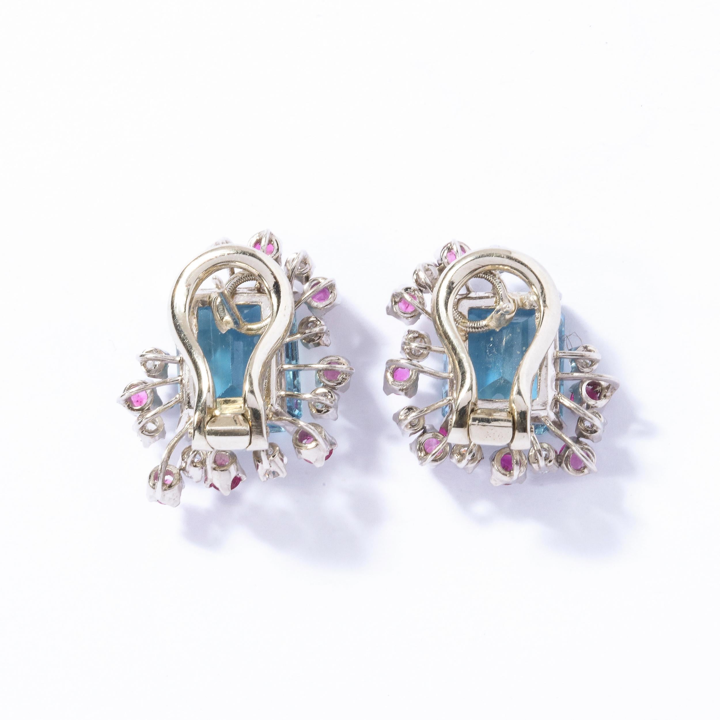 1940s 12 Carat Aquamarine and 14K White Gold Earrings with Diamonds and Rubies For Sale 8