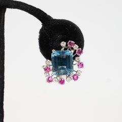 1940s 12 Carat Aquamarine and 14K White Gold Earrings with Diamonds &and Rubies