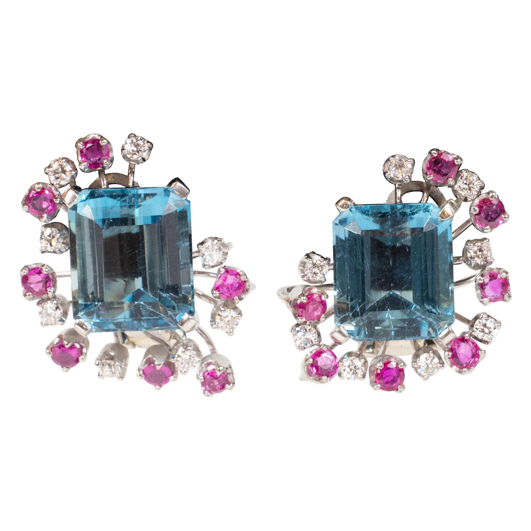 Retro 1940s 12 Carat Aquamarine and 14K White Gold Earrings with Diamonds &and Rubies