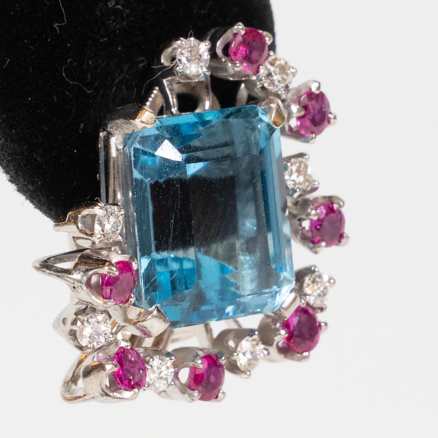 Brilliant Cut 1940s 12 Carat Aquamarine and 14K White Gold Earrings with Diamonds and Rubies For Sale