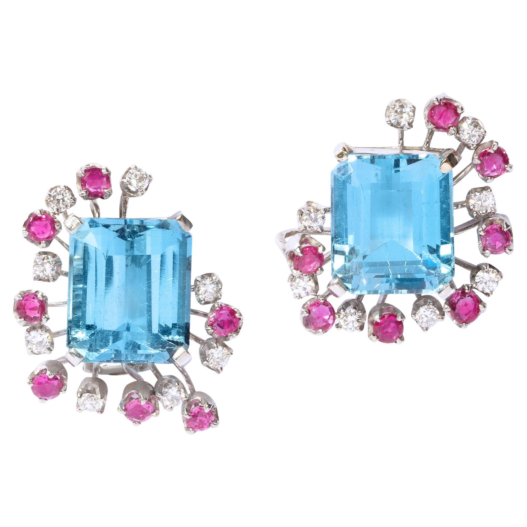 1940s 12 Carat Aquamarine and 14K White Gold Earrings with Diamonds and Rubies