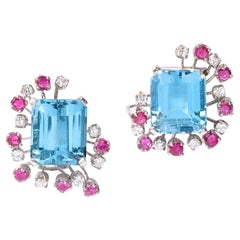 Vintage 1940s 12 Carat Aquamarine and 14K White Gold Earrings with Diamonds and Rubies