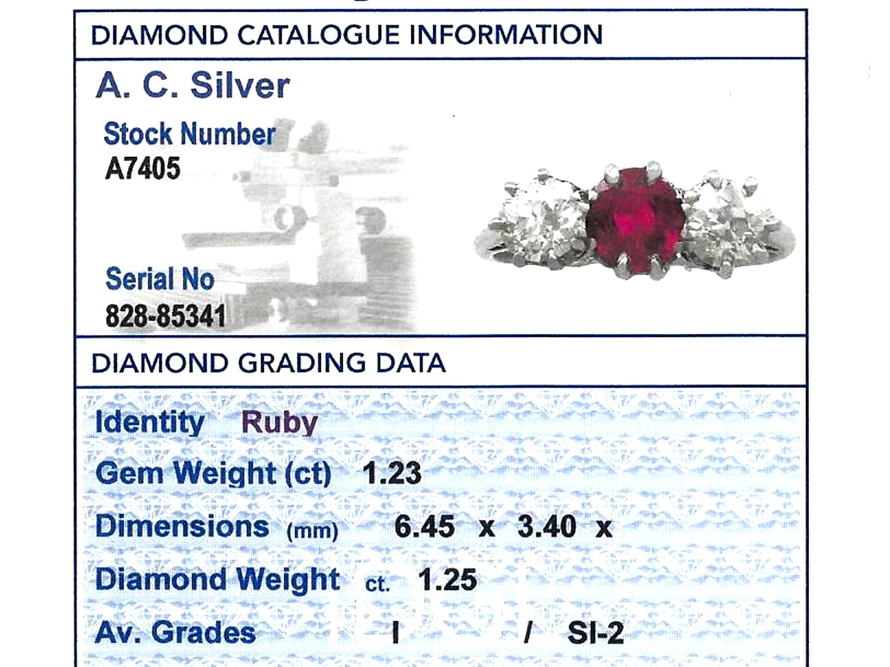 1940s 1.23 Carat Ruby 1.25 Carat Diamond Gold Platinum Set Three Stone Ring 1
