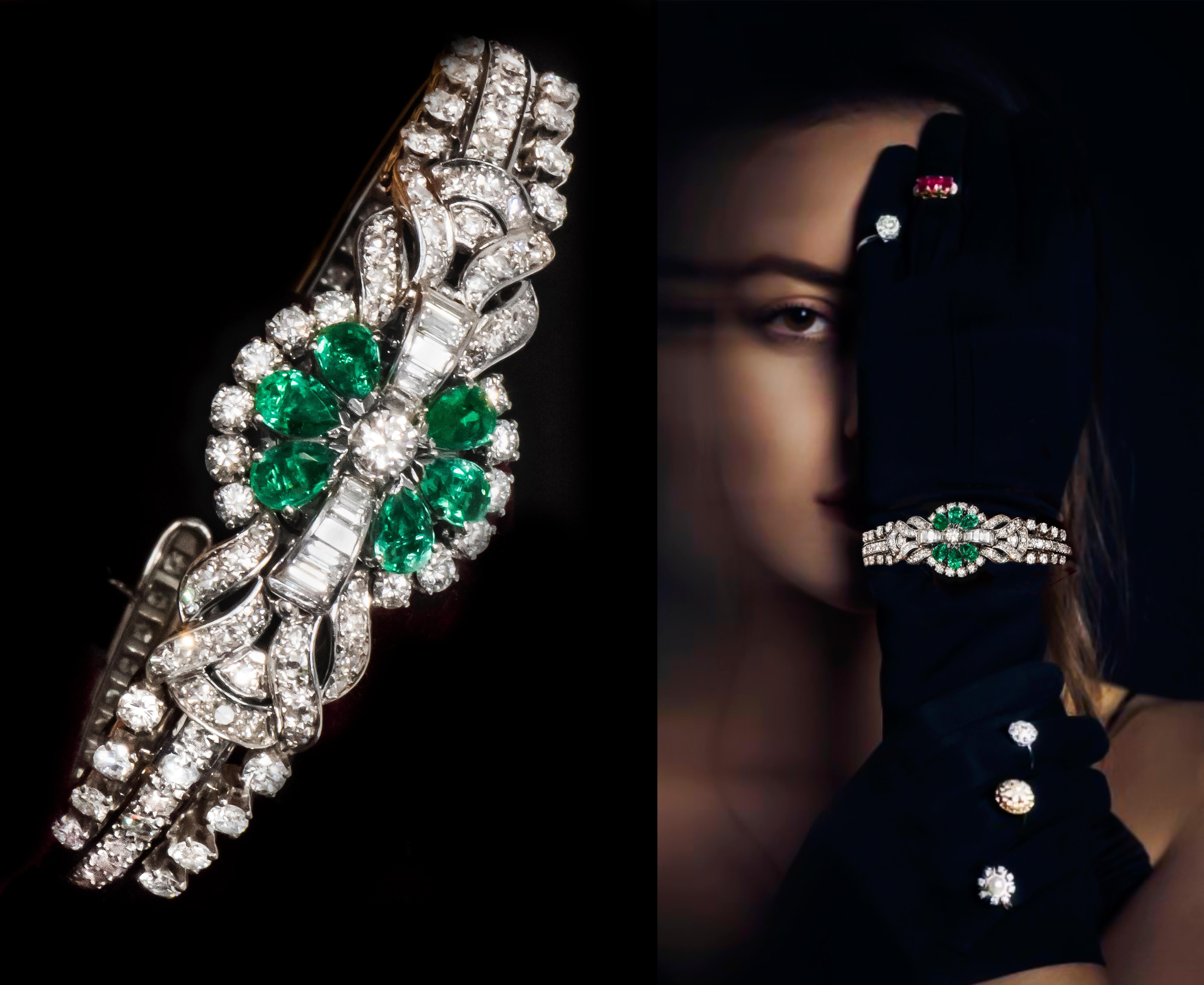 The Present watch is a very rare post world war two Platinum, Emerald and Diamond set bracelet watch made by the world re-known gemologist firm accredited with the reputation of picking only the finest colored stones, the firm Gubelin. The present