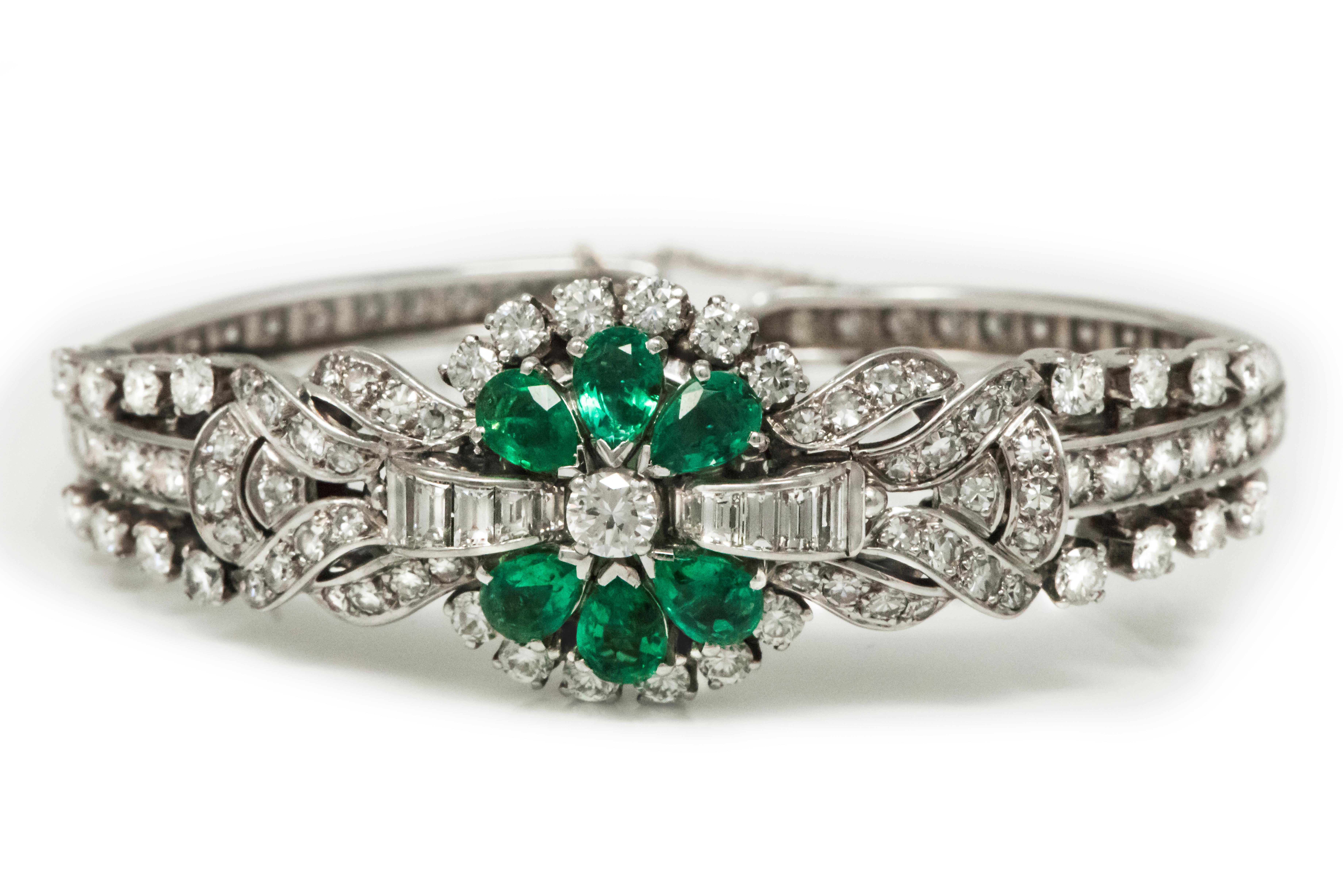 Pear Cut 1940s 13 Carat Gubelin Platinum Emerald Diamond Flower Concealed Bracelet Watch