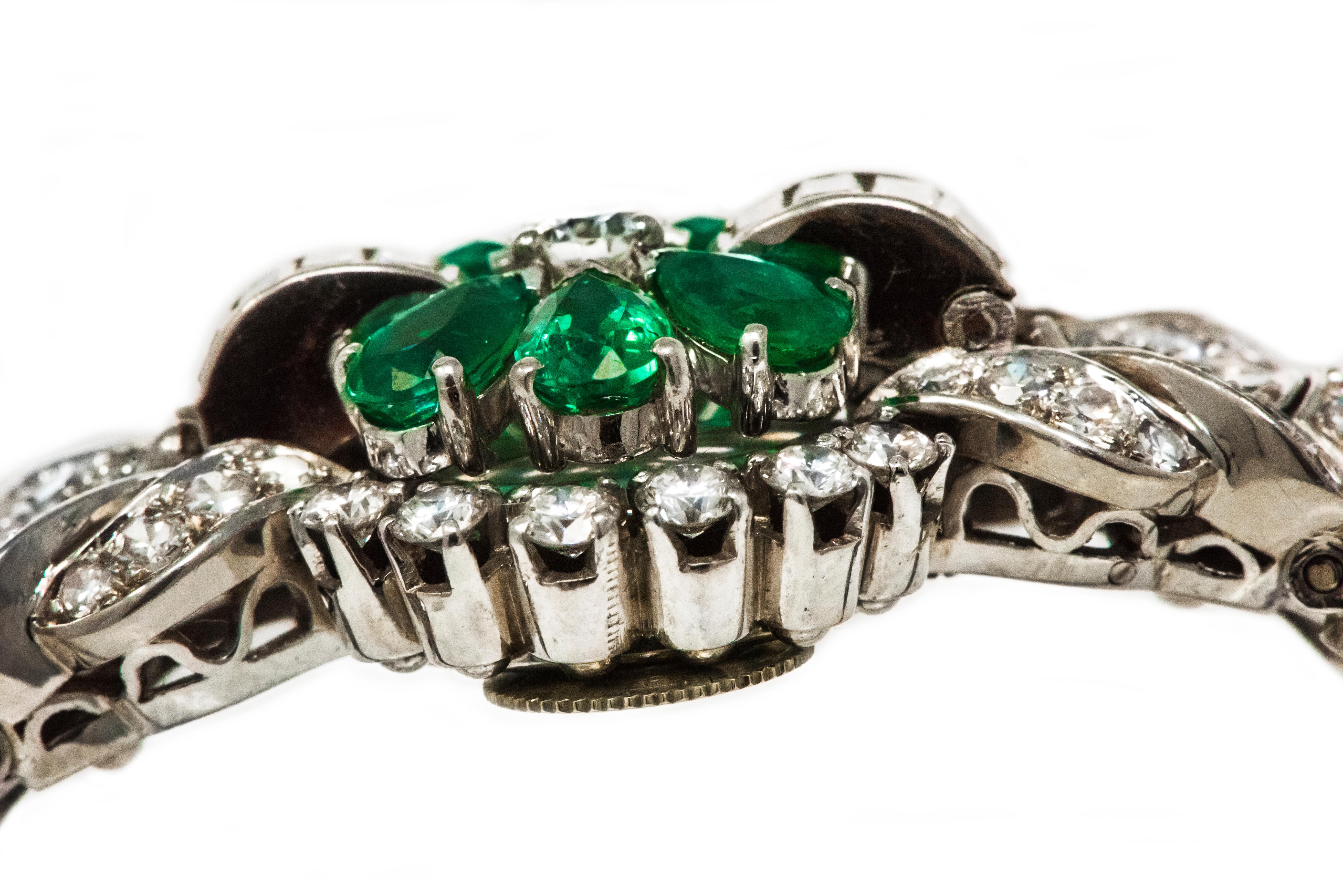 Women's or Men's 1940s 13 Carat Gubelin Platinum Emerald Diamond Flower Concealed Bracelet Watch