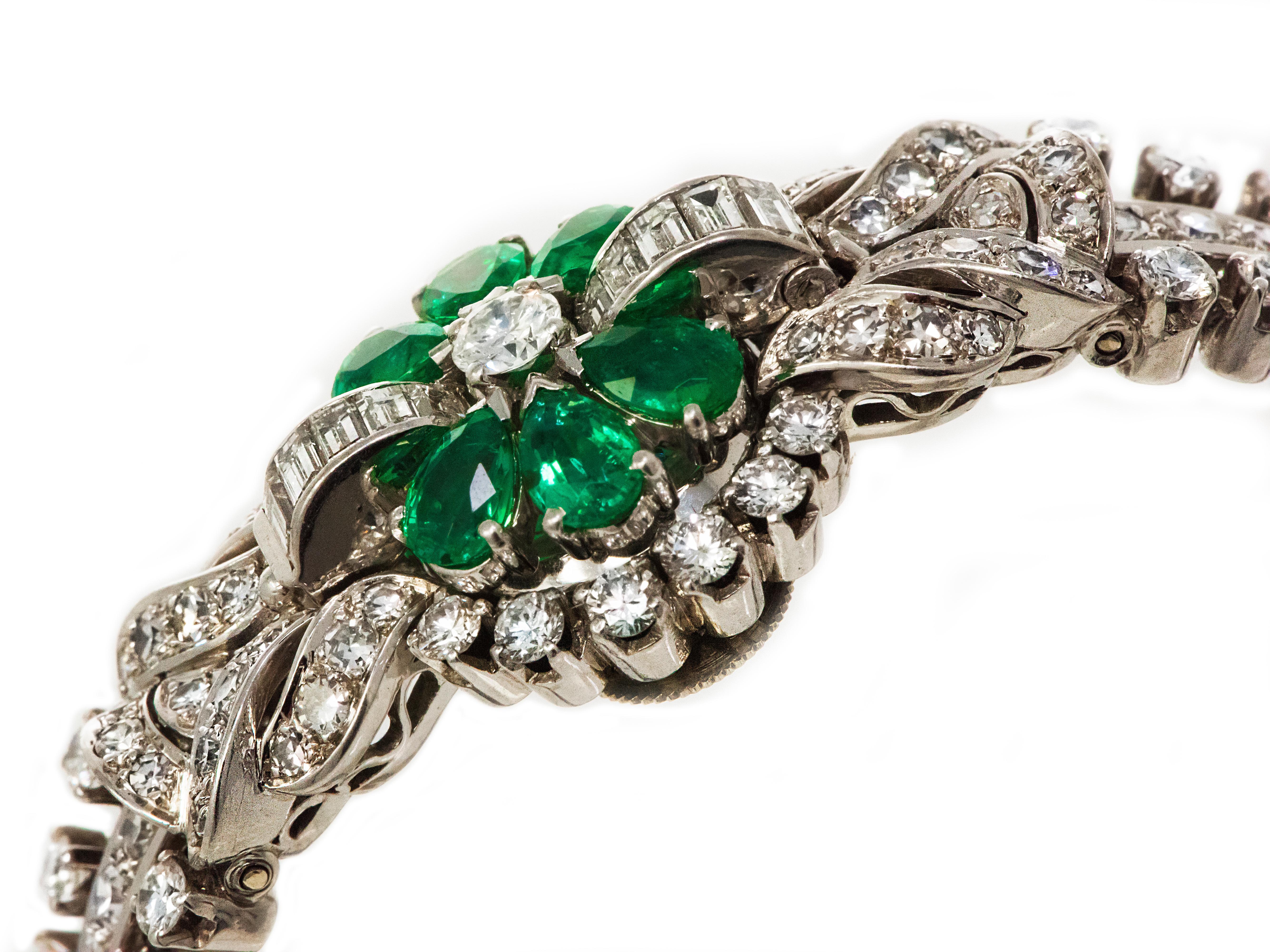 1940s 13 Carat Gubelin Platinum Emerald Diamond Flower Concealed Bracelet Watch 1