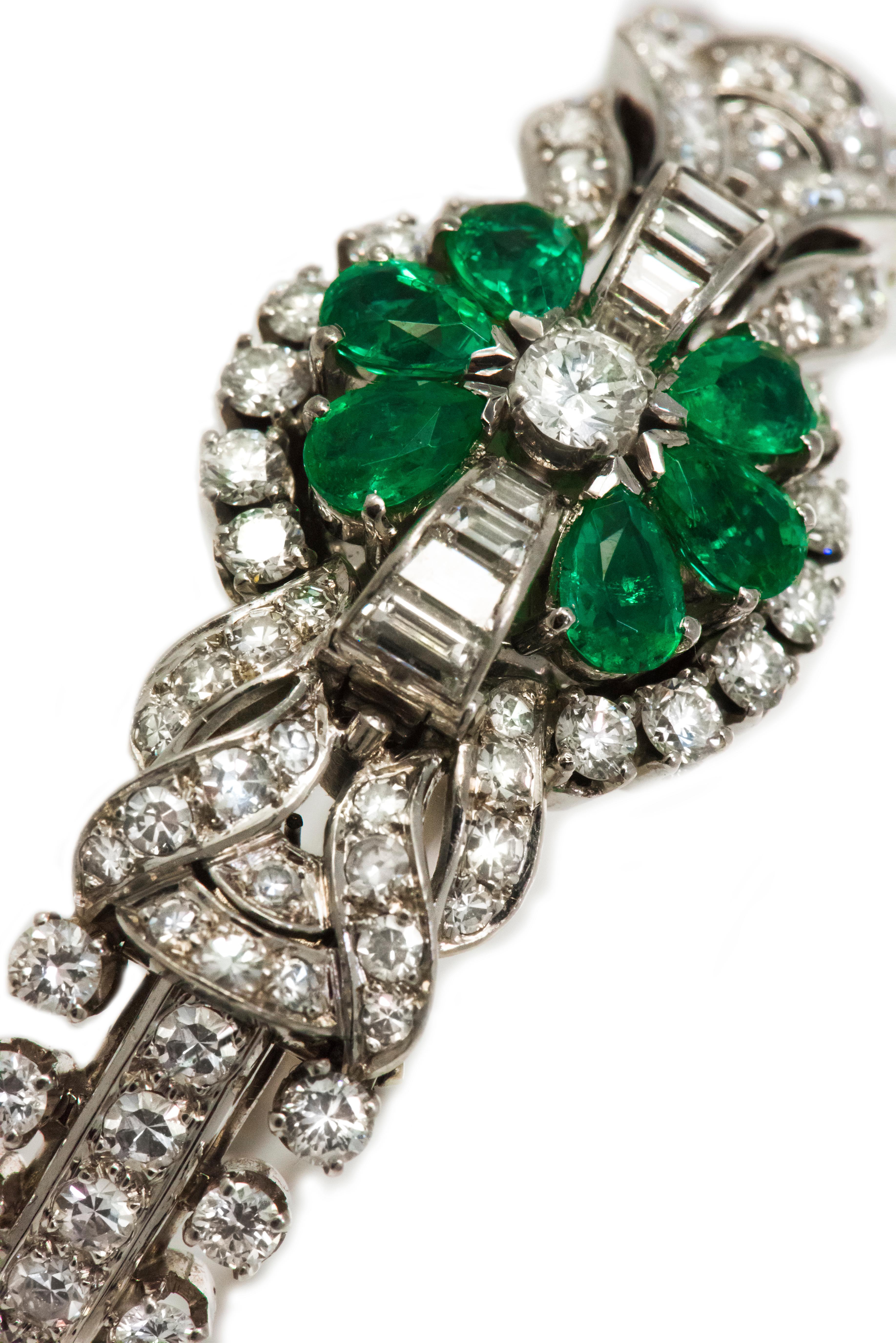 1940s 13 Carat Gubelin Platinum Emerald Diamond Flower Concealed Bracelet Watch 2