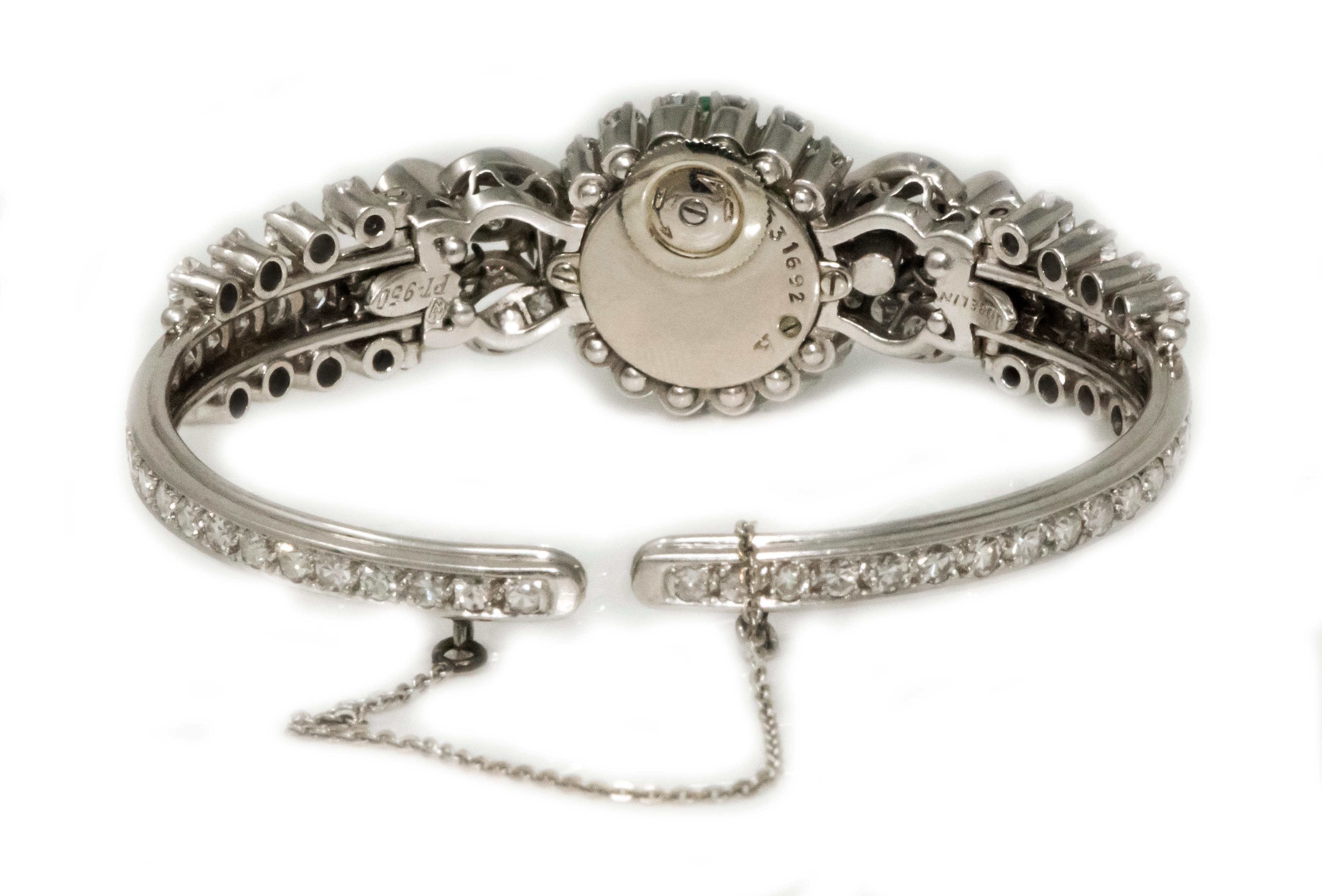 1940s 13 Carat Gubelin Platinum Emerald Diamond Flower Concealed Bracelet Watch 3