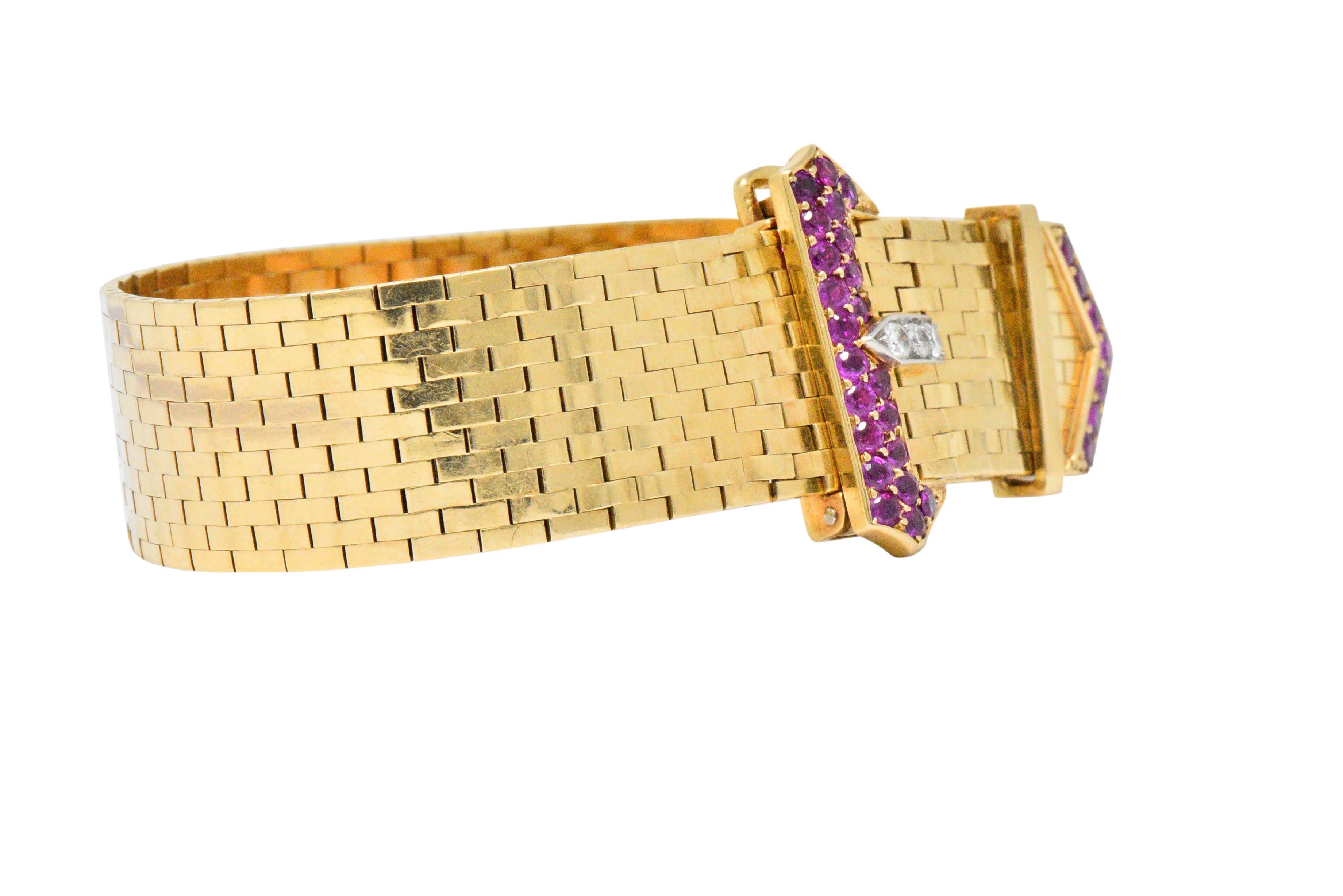 Retro 1940s 1.37 Carat Ruby Diamond 14 Karat Gold Jarretière Buckle Link Bracelet