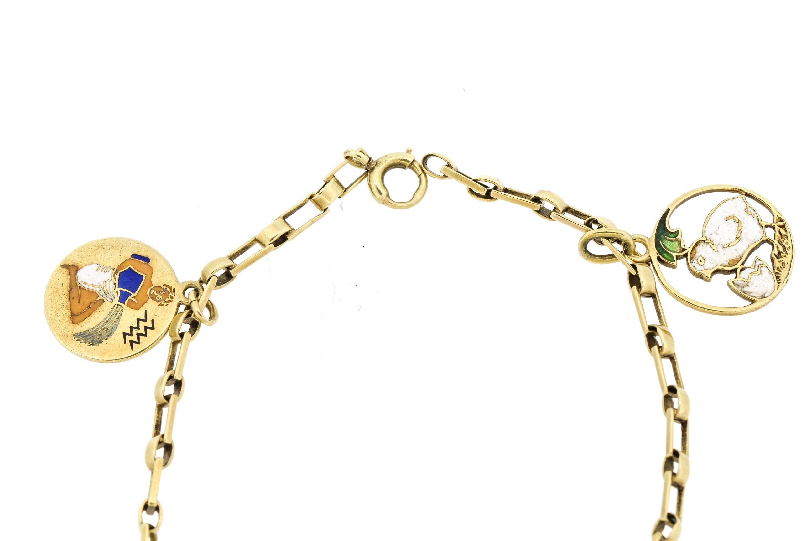 Women's or Men's 1940s 14 Karat Yellow Gold Enamel Charm Bracelet