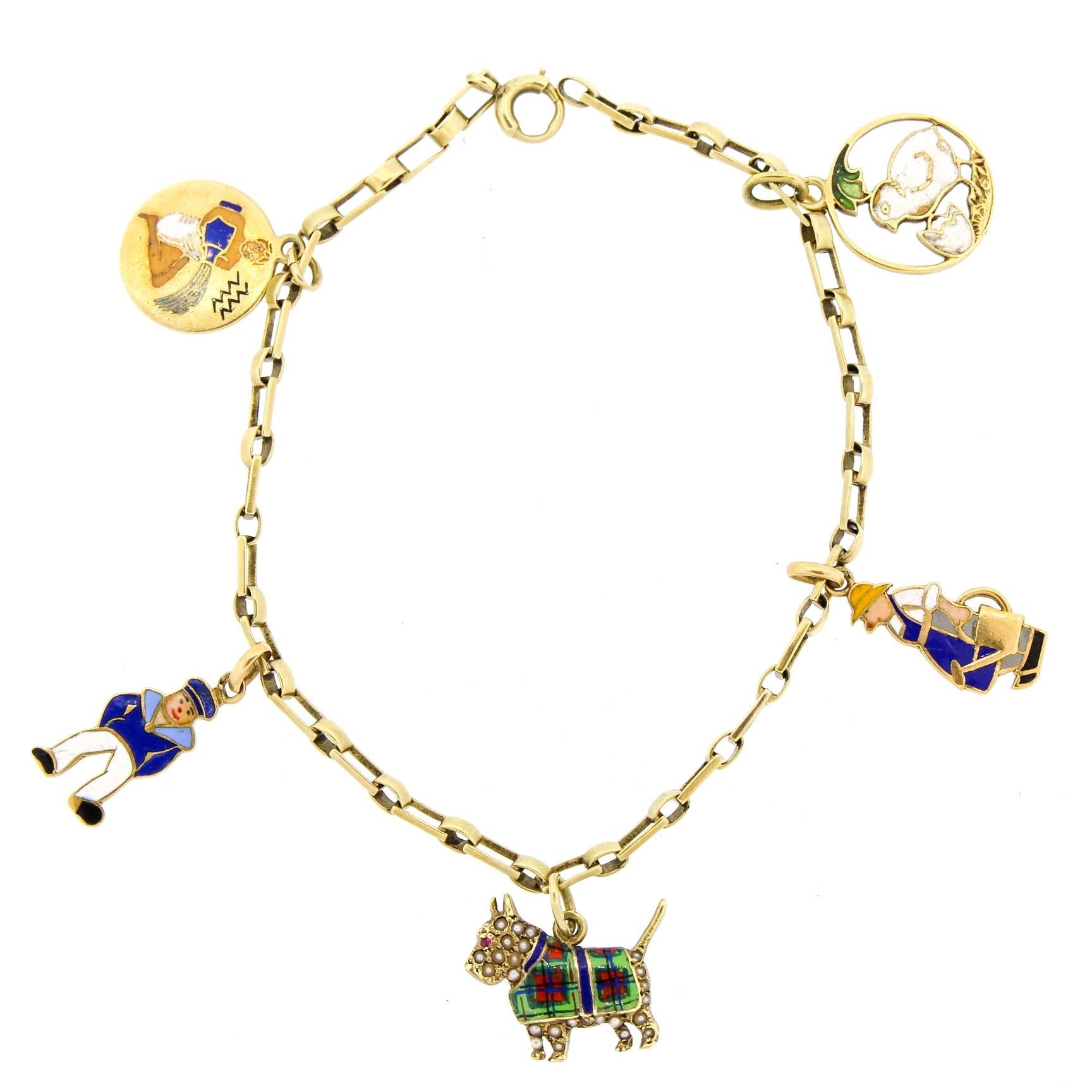 1940s 14 Karat Yellow Gold Enamel Charm Bracelet