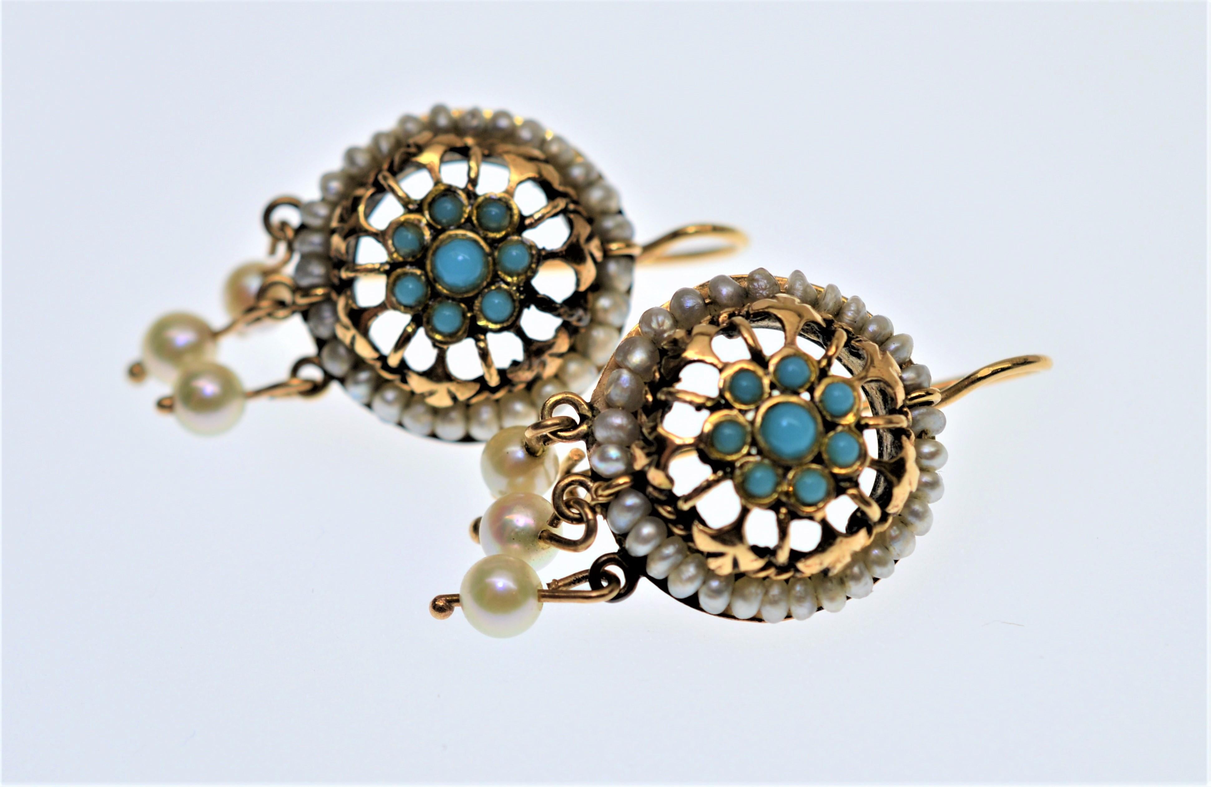 Round Cut Pearl Turquoise Yellow Gold Drop Dangle Earrings