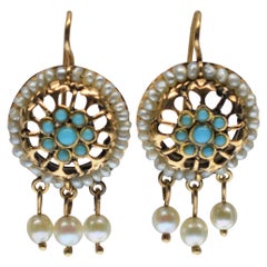 Vintage Pearl Turquoise Yellow Gold Drop Dangle Earrings