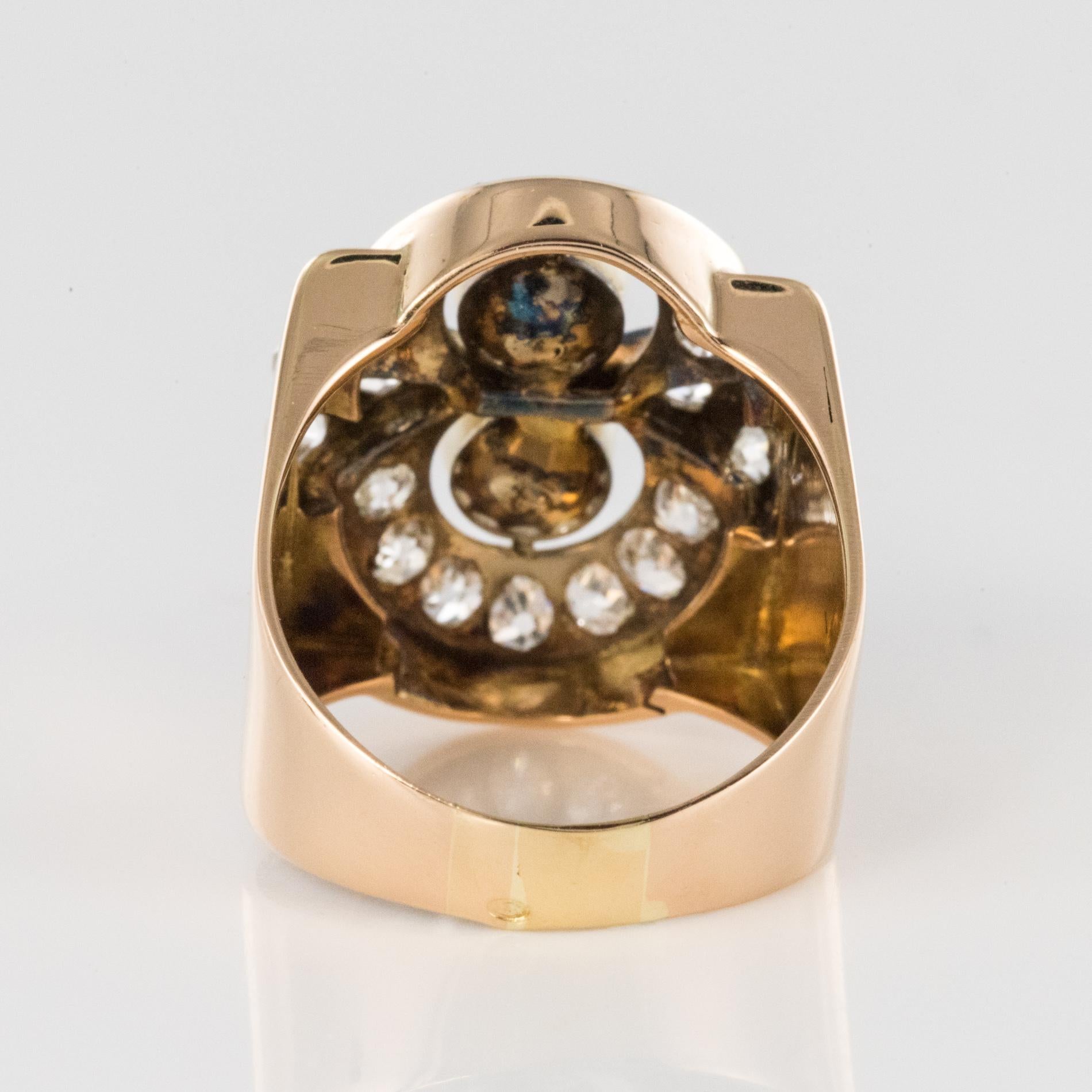 1940s 1, 40 Carat Diamonds Cultured Pearls 18 Karat Rose Gold Ring For Sale 7