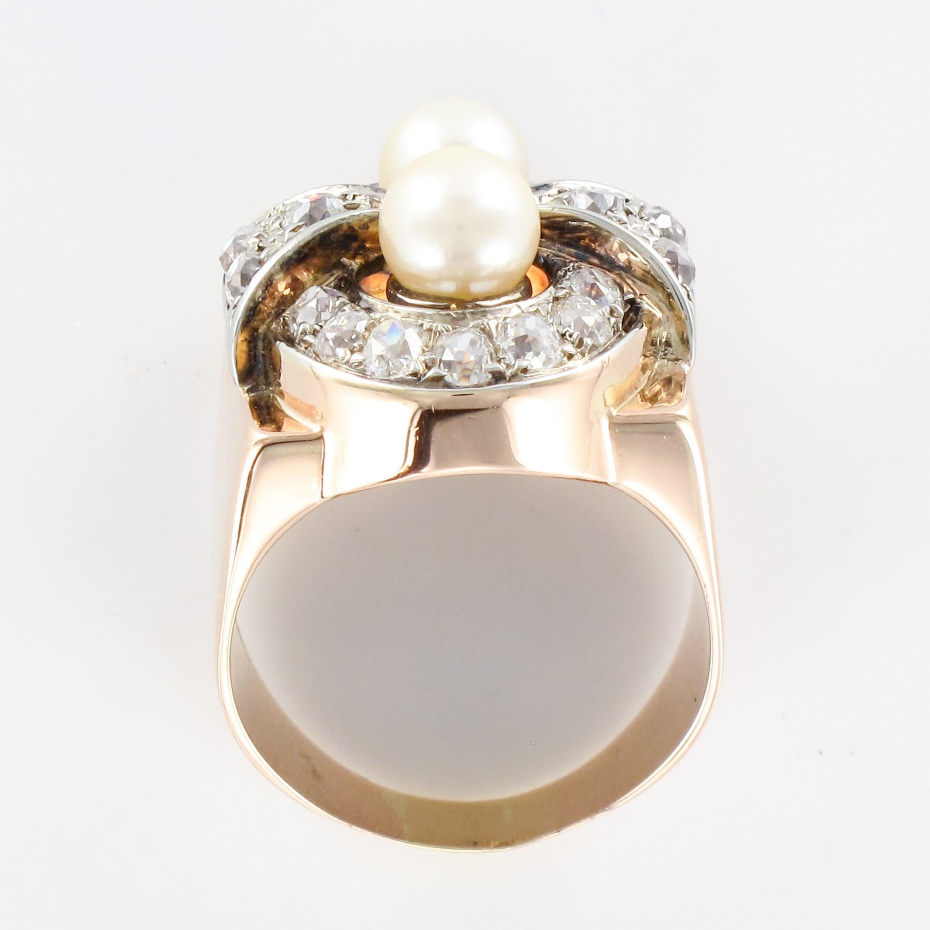 1940s 1, 40 Carat Diamonds Cultured Pearls 18 Karat Rose Gold Ring For Sale 8