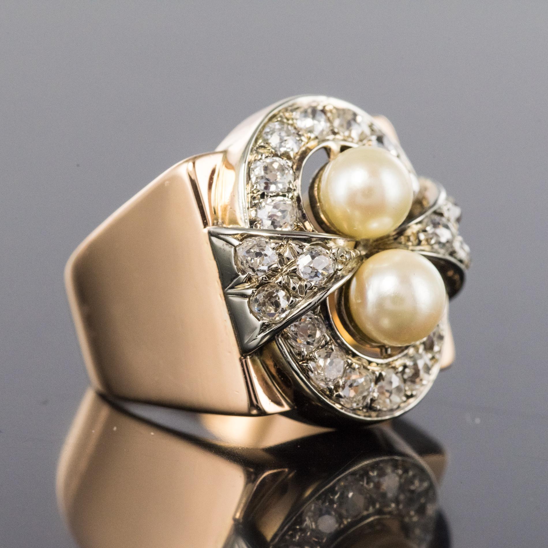 Bead 1940s 1, 40 Carat Diamonds Cultured Pearls 18 Karat Rose Gold Ring For Sale