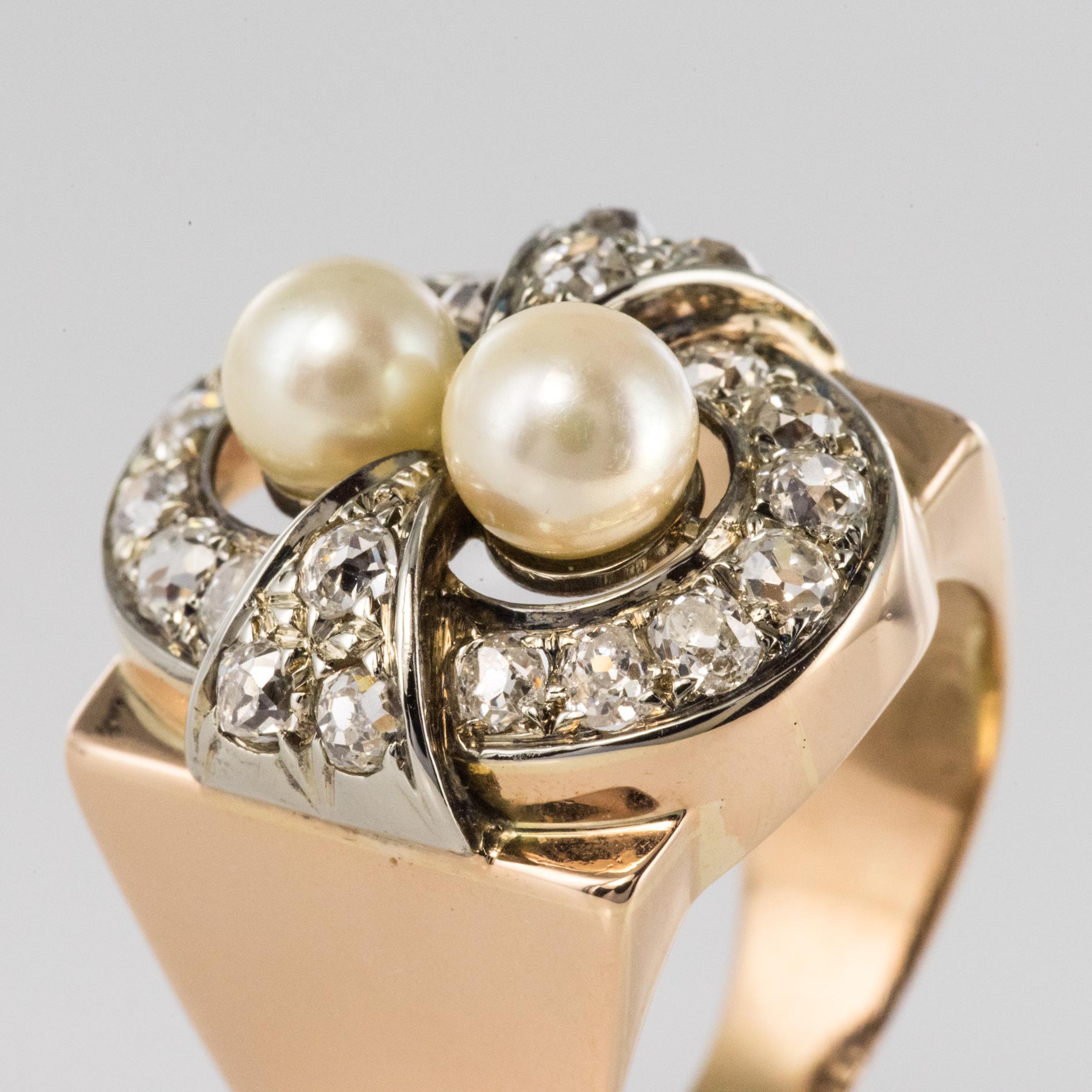 Women's 1940s 1, 40 Carat Diamonds Cultured Pearls 18 Karat Rose Gold Ring For Sale