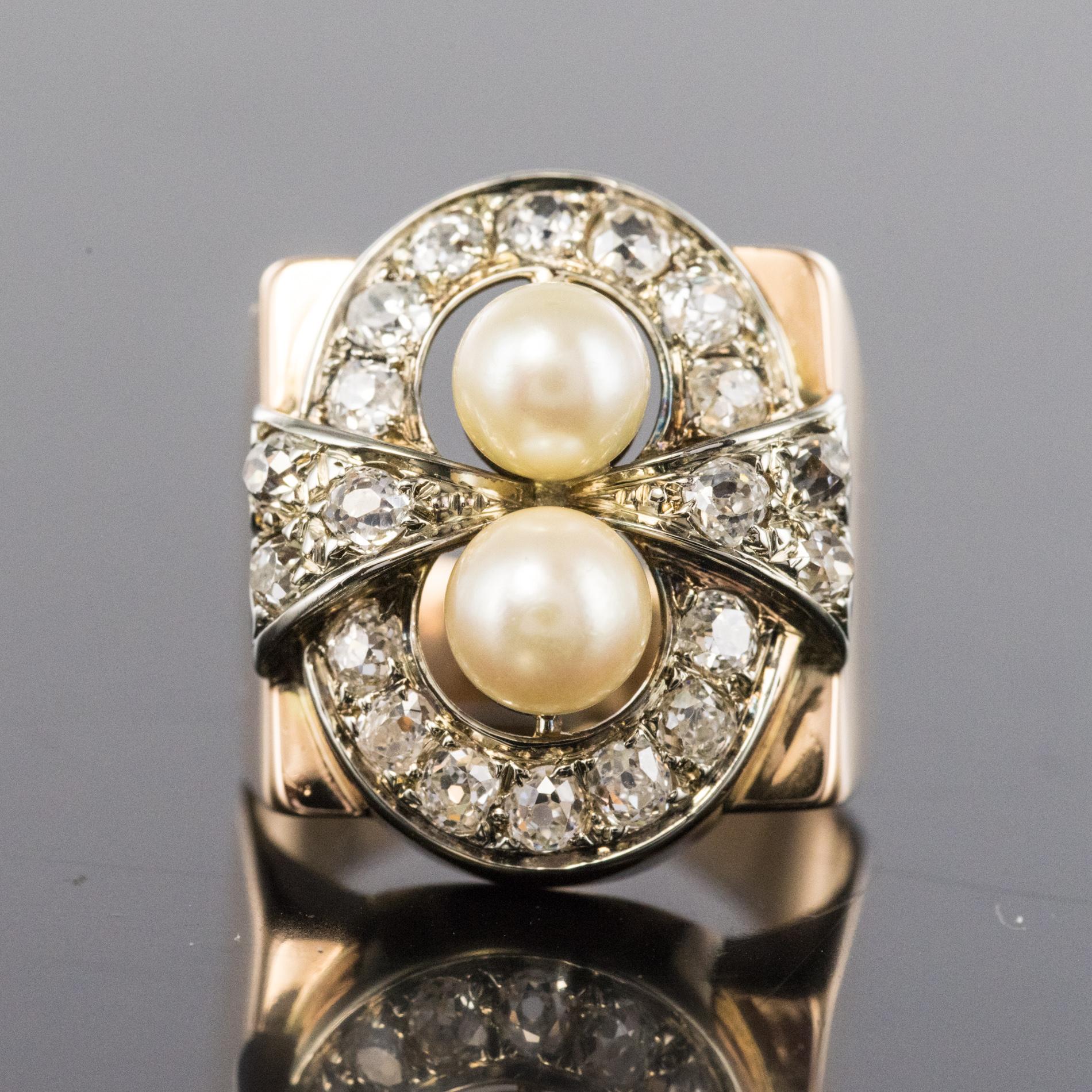 1940s 1, 40 Carat Diamonds Cultured Pearls 18 Karat Rose Gold Ring For Sale 3
