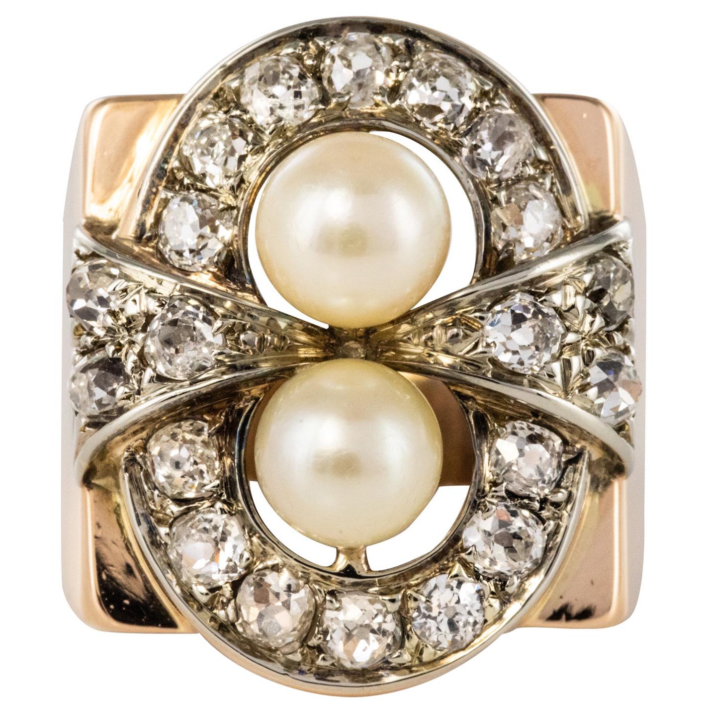 1940s 1, 40 Carat Diamonds Cultured Pearls 18 Karat Rose Gold Ring For Sale