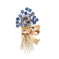 1940's 14k Gold & 18.75ct Sapphire Flower Bouquet Brooch w/ 0.75ct Diamond