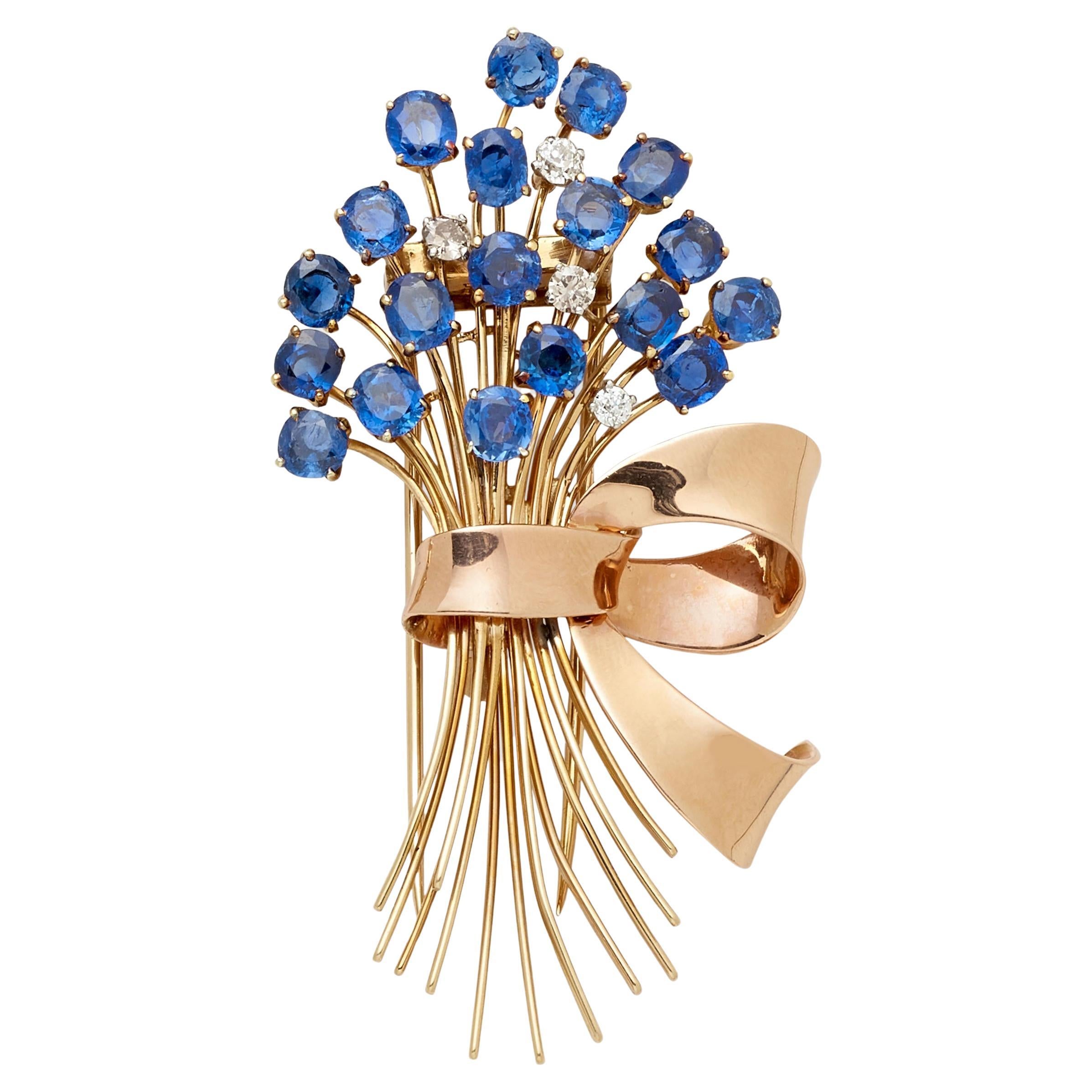1940's 14k Gold & 18.75ct Sapphire Flower Bouquet Brooch w/ 0.75ct Diamond